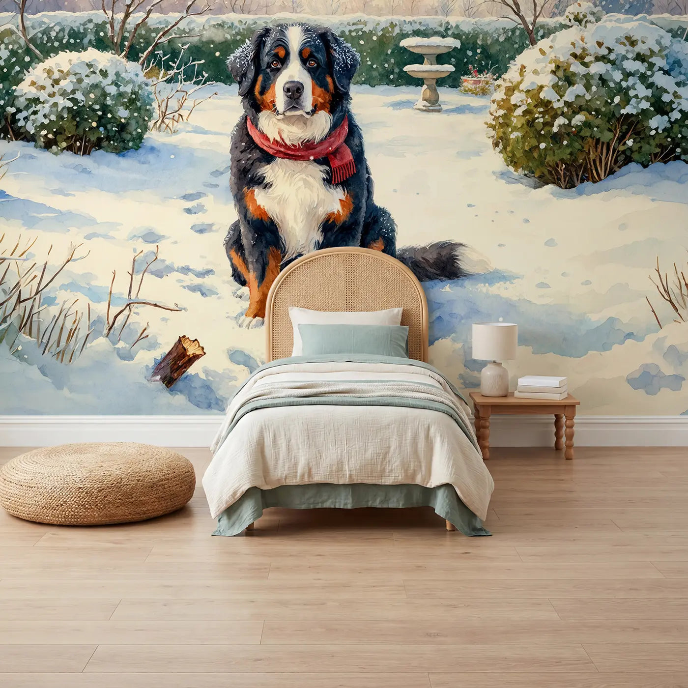 Watercolor snowy bernese mountain dog wallpaper mural for kids room by Whimsy Tots