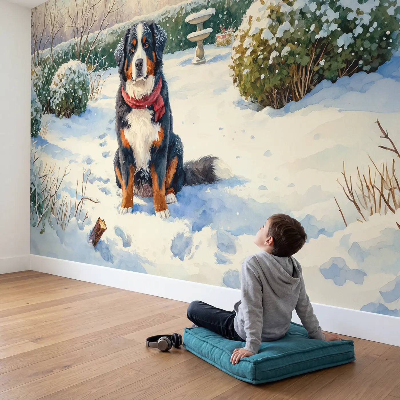 Child in nursery with Snowy Bernese Mountain Dog Wallpaper Mural by Whimsy Tots