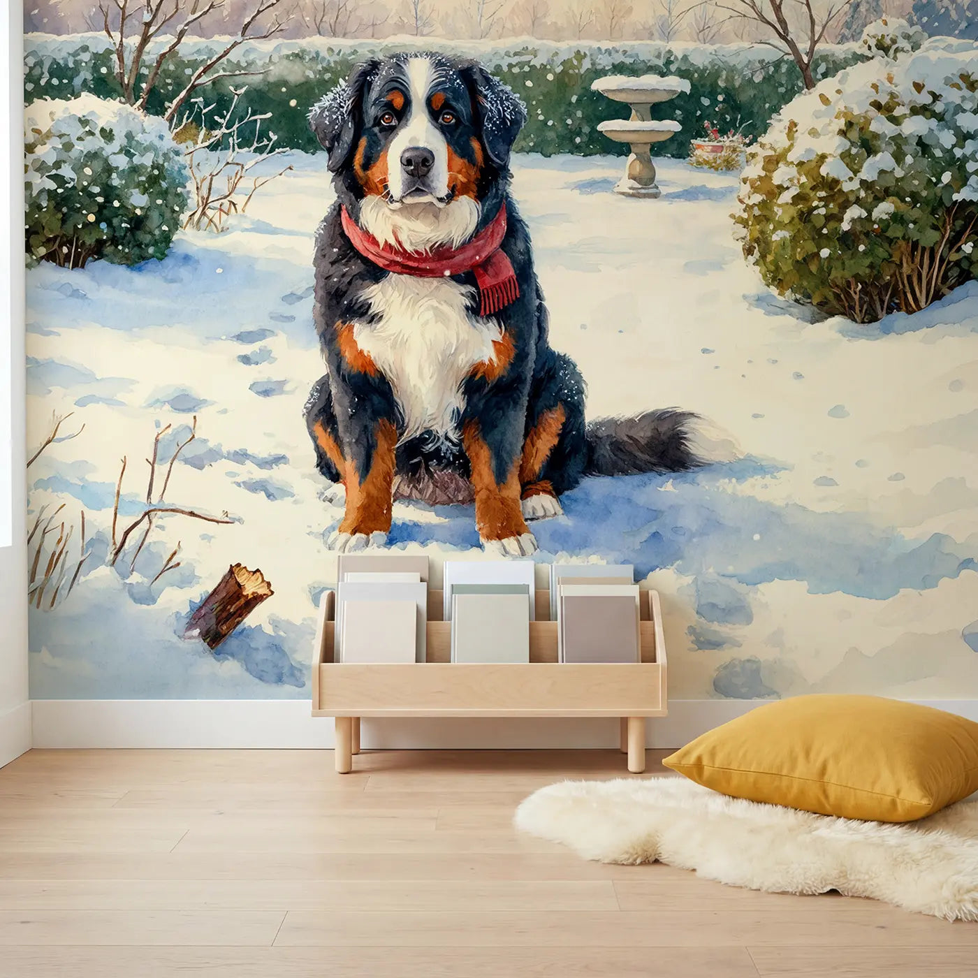 Snowy Bernese Mountain Dog Wallpaper Mural in playroom setting by Whimsy Tots