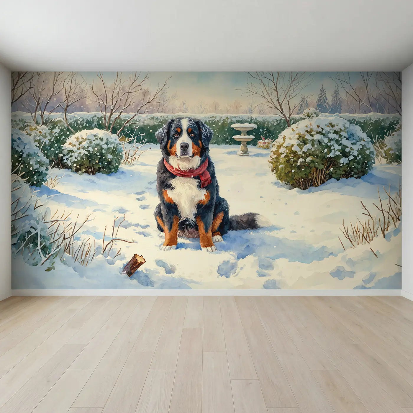 Full view of Snowy Bernese Mountain Dog Wallpaper Mural by Whimsy Tots