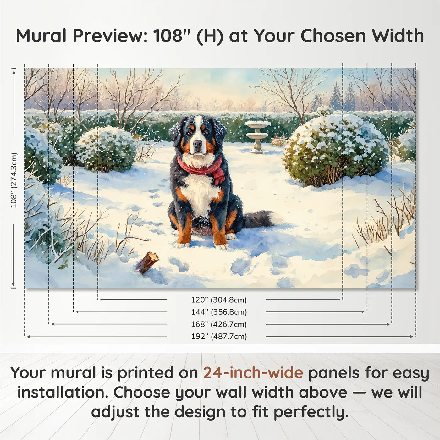 Panel layout and dimensions for Snowy Bernese Mountain Dog Wallpaper Mural by Whimsy Tots