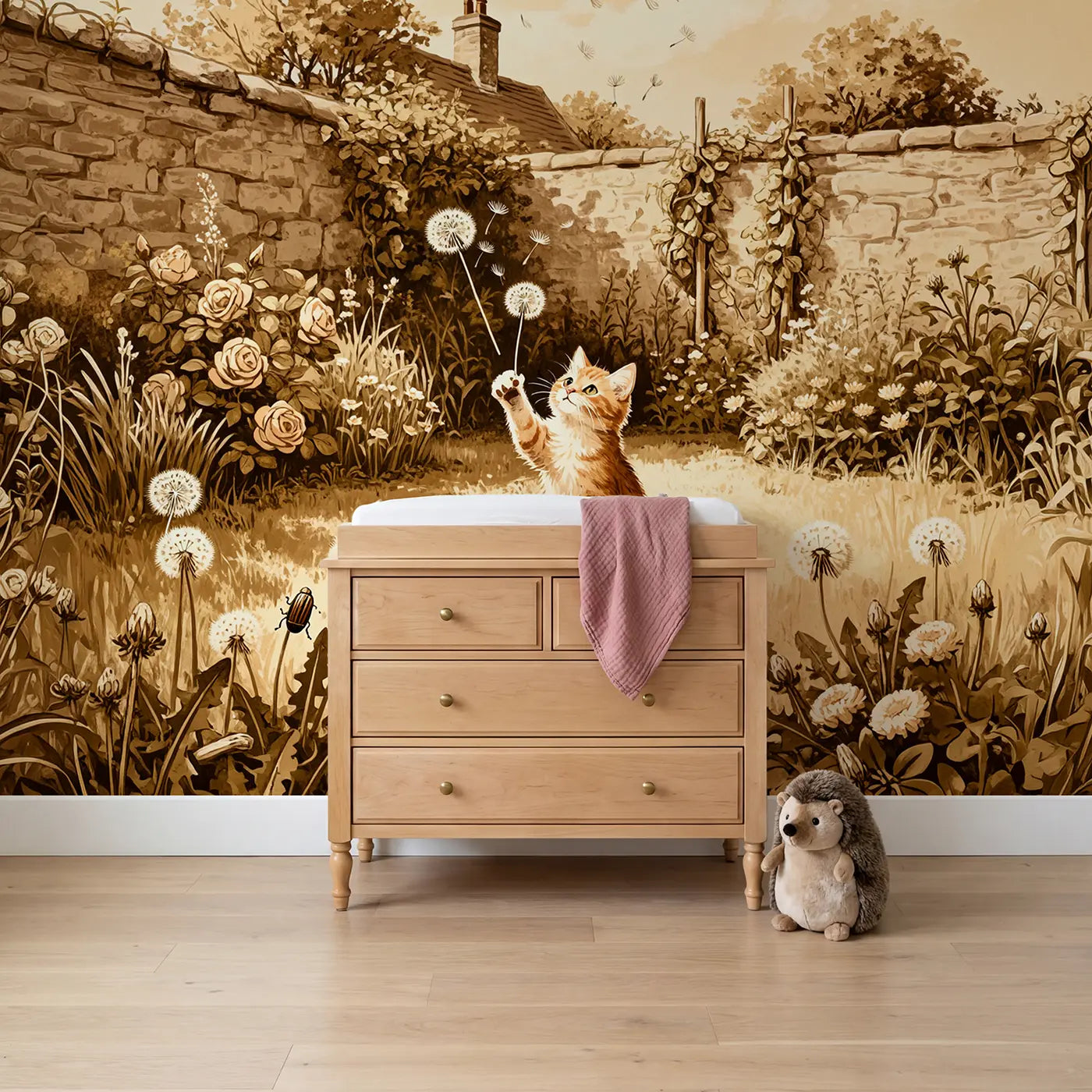 Block print kitten and cat wallpaper mural for nursery by Whimsy Tots