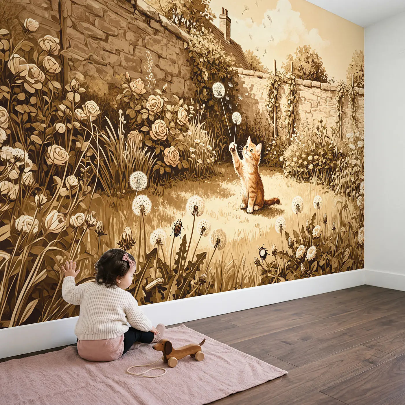 Child in nursery with Ginger Kitten Dandelion Play Wallpaper Mural by Whimsy Tots