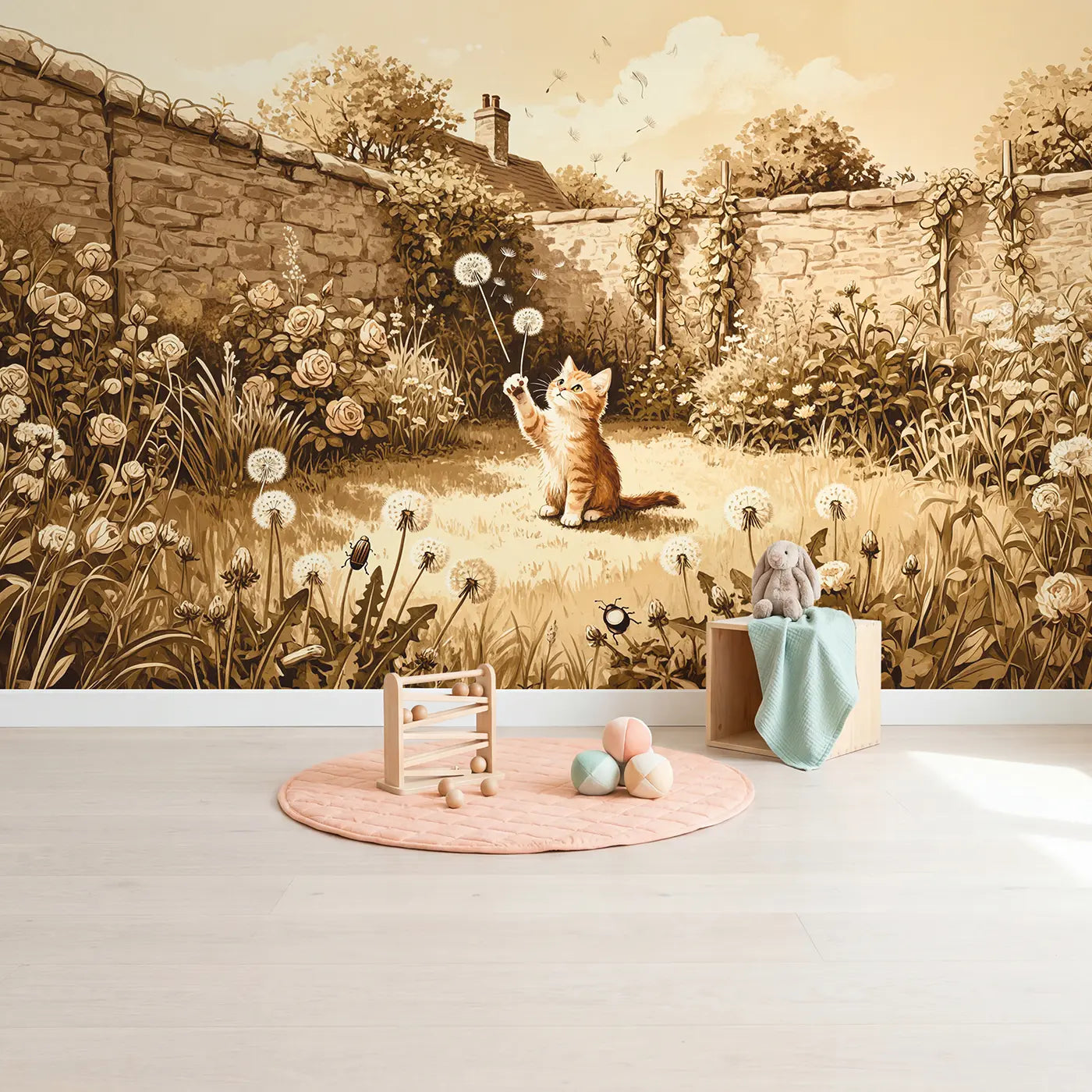 Ginger Kitten Dandelion Play Wallpaper Mural in playroom setting by Whimsy Tots