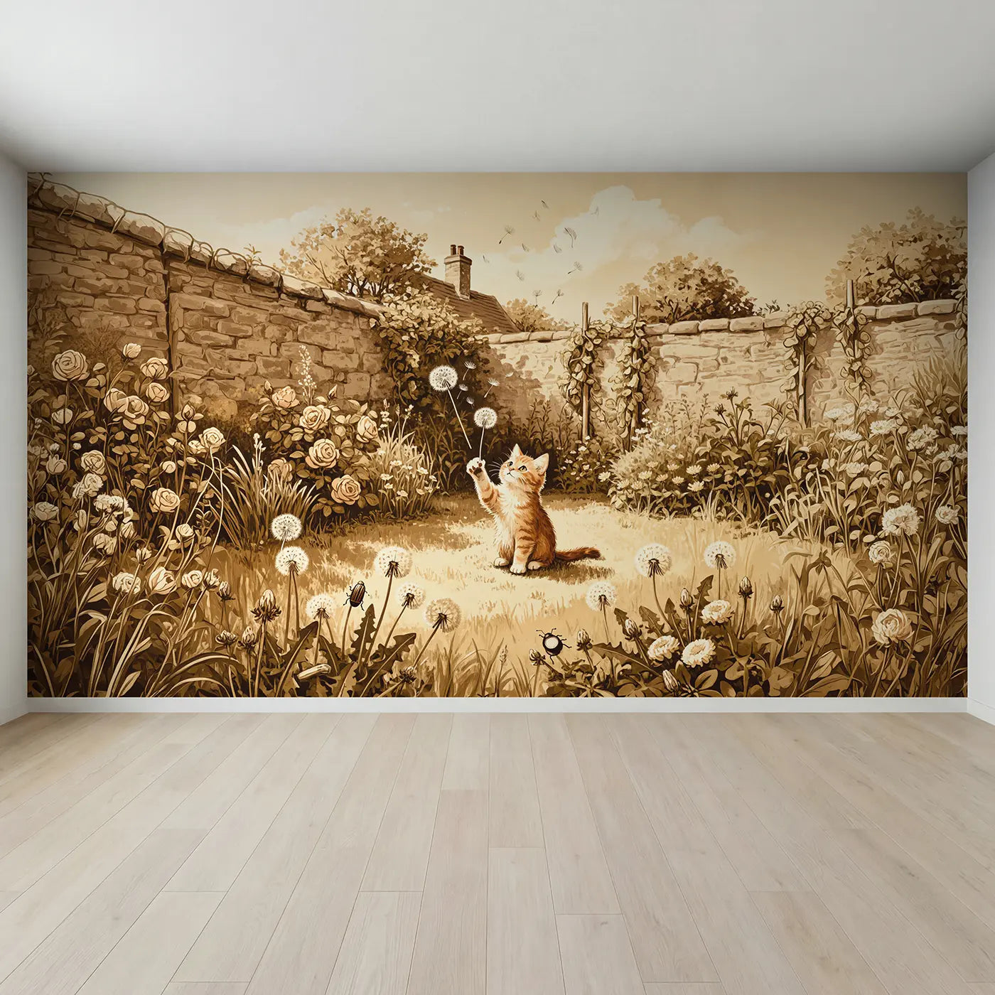 Full view of Ginger Kitten Dandelion Play Wallpaper Mural by Whimsy Tots
