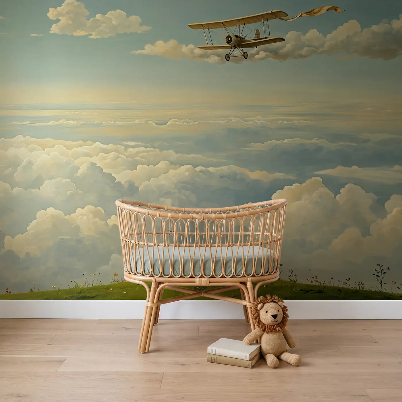 Botanical elegance vintage biplane clouds wallpaper mural for nursery by Whimsy Tots
