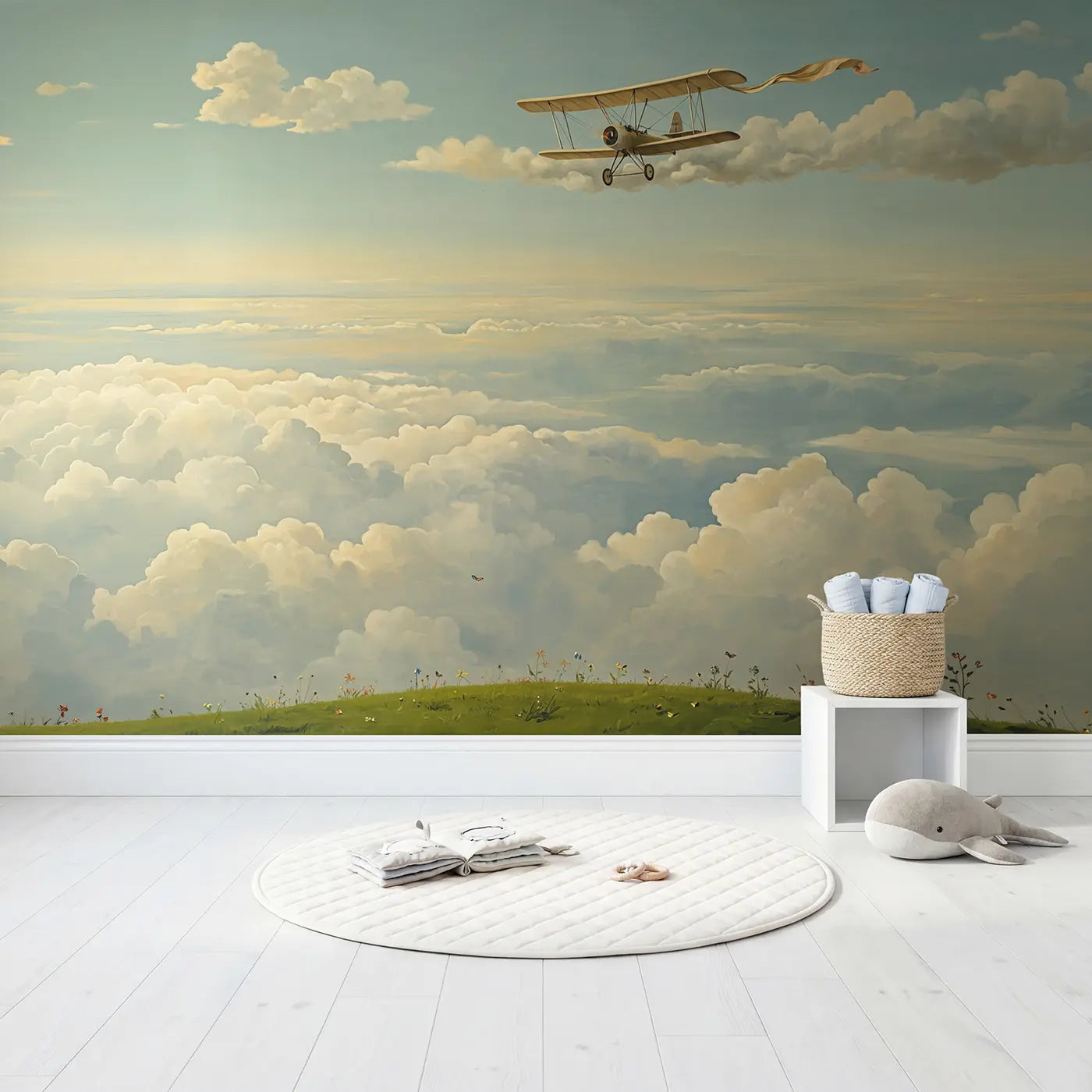 Vintage Biplane Among Clouds Wallpaper Mural in playroom setting by Whimsy Tots