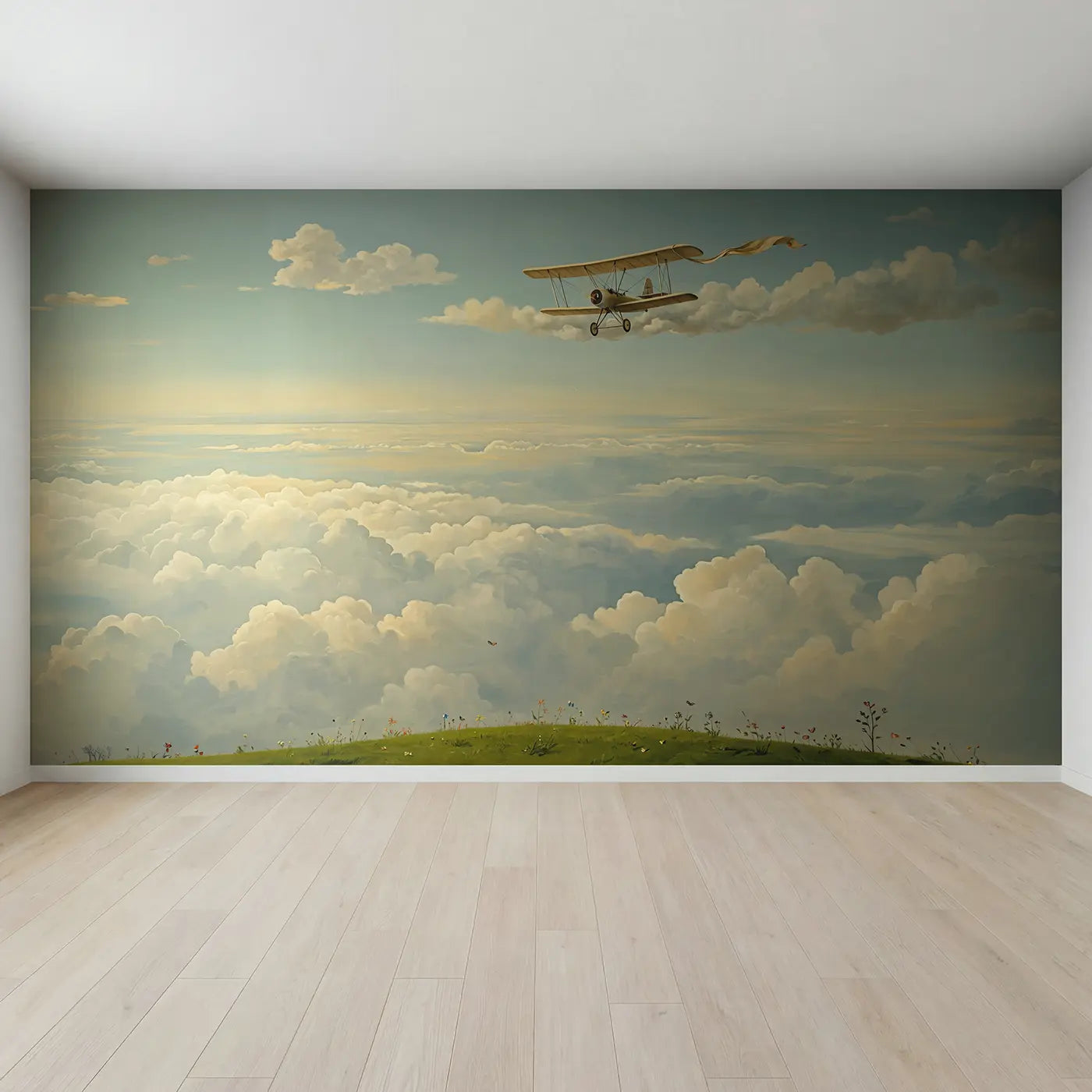 Full view of Vintage Biplane Among Clouds Wallpaper Mural by Whimsy Tots