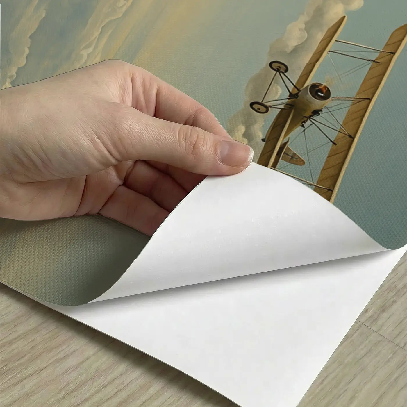 Peel-and-stick detail of Vintage Biplane Among Clouds Wallpaper Mural by Whimsy Tots