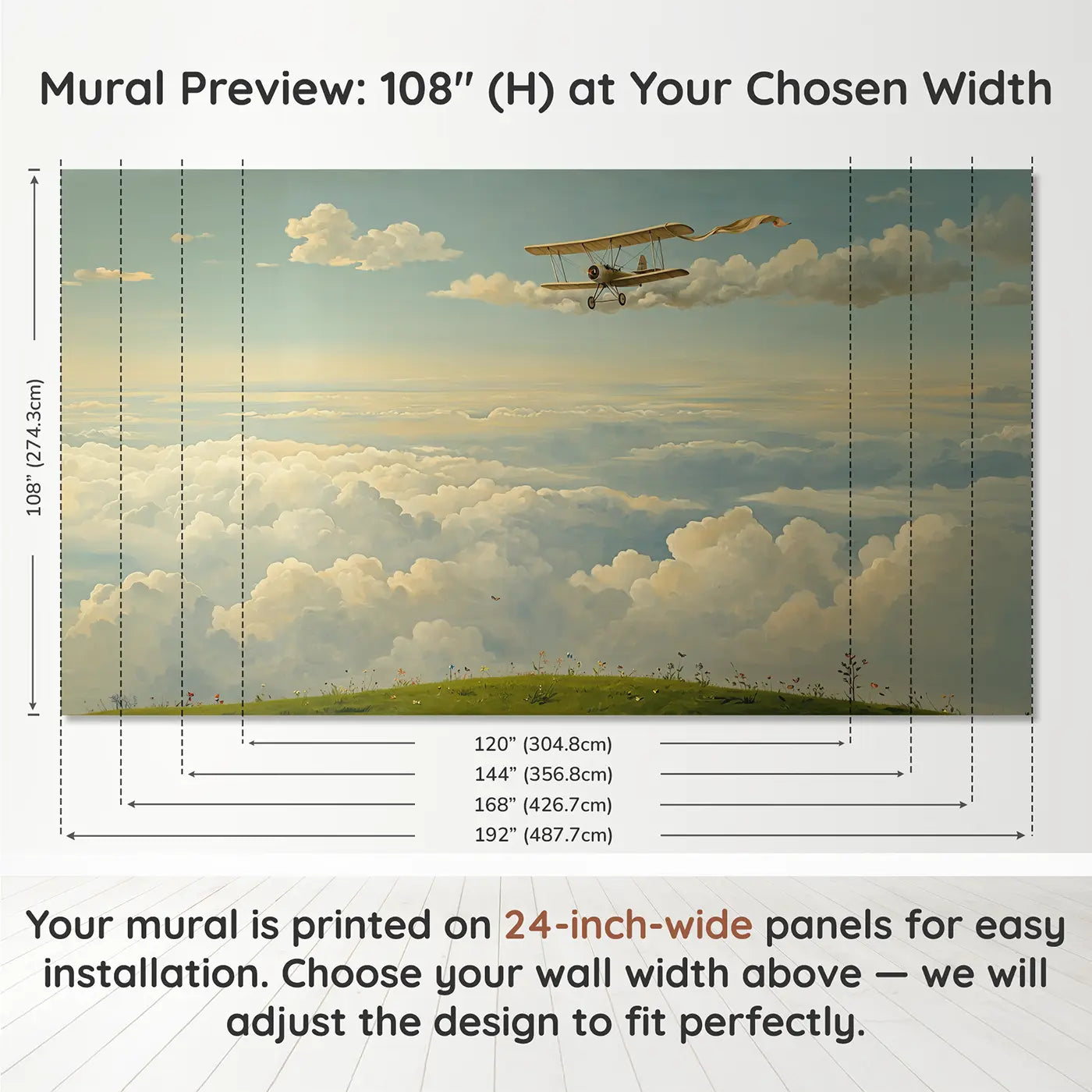 Panel layout and dimensions for Vintage Biplane Among Clouds Wallpaper Mural by Whimsy Tots