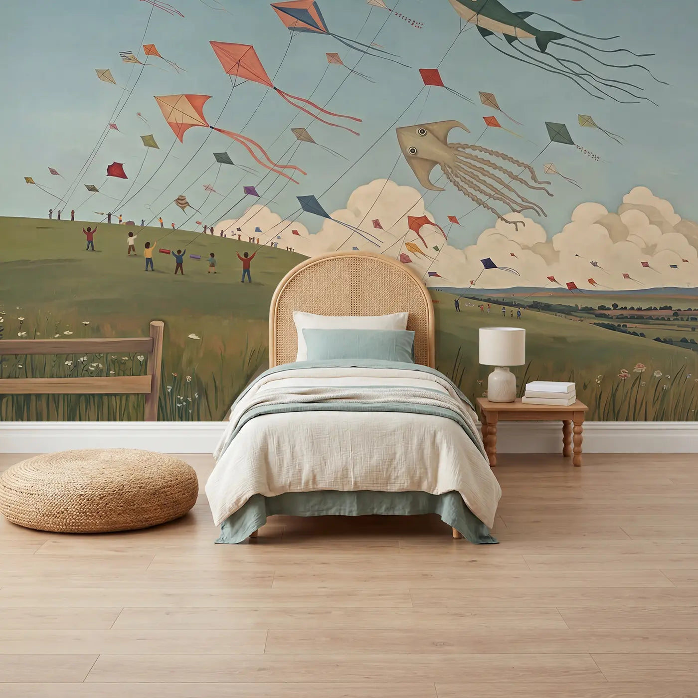 Modern Illustration kite festival sky wallpaper mural for kids room by Whimsy Tots