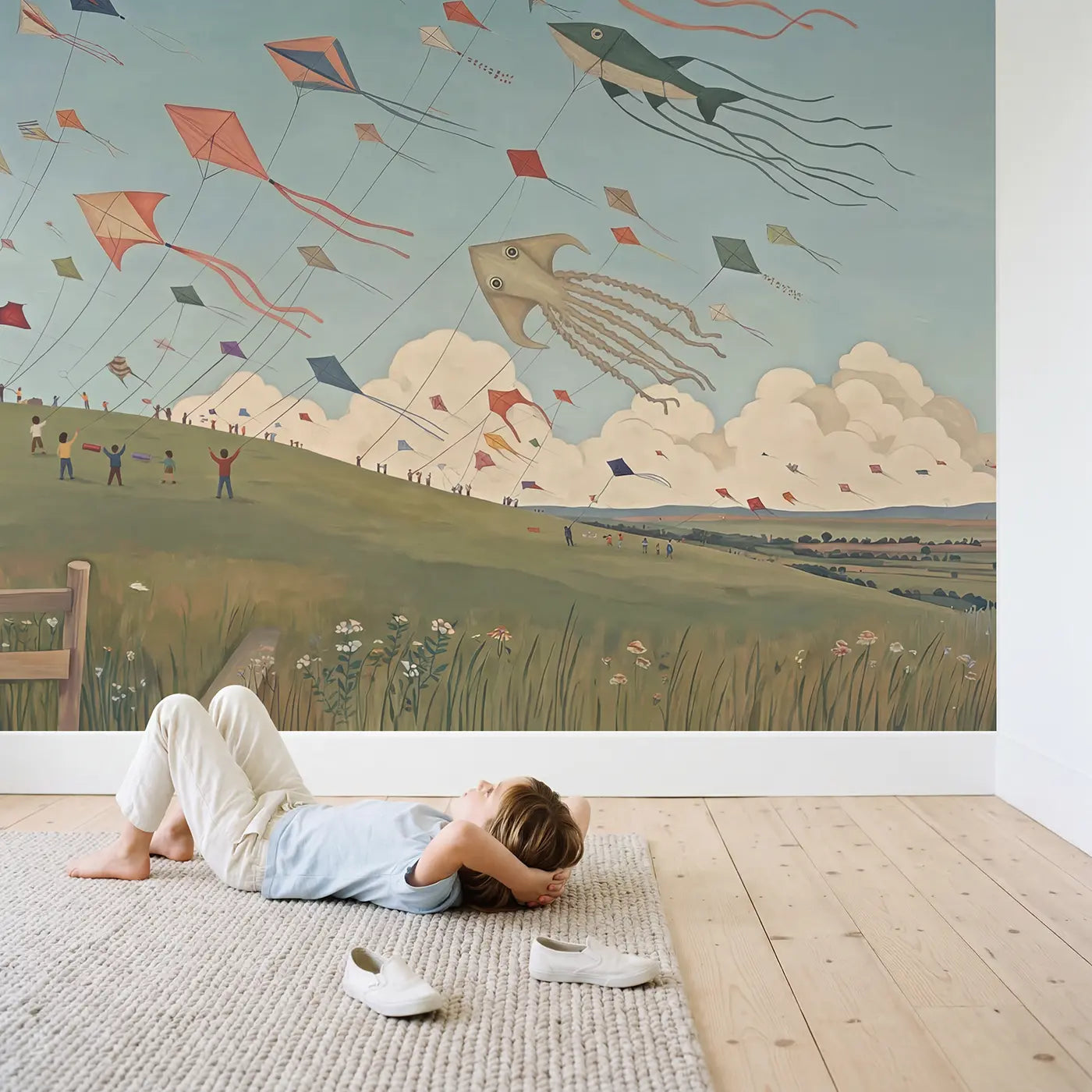 Child in nursery with Breezy Kite Festival Sky Wallpaper Mural by Whimsy Tots