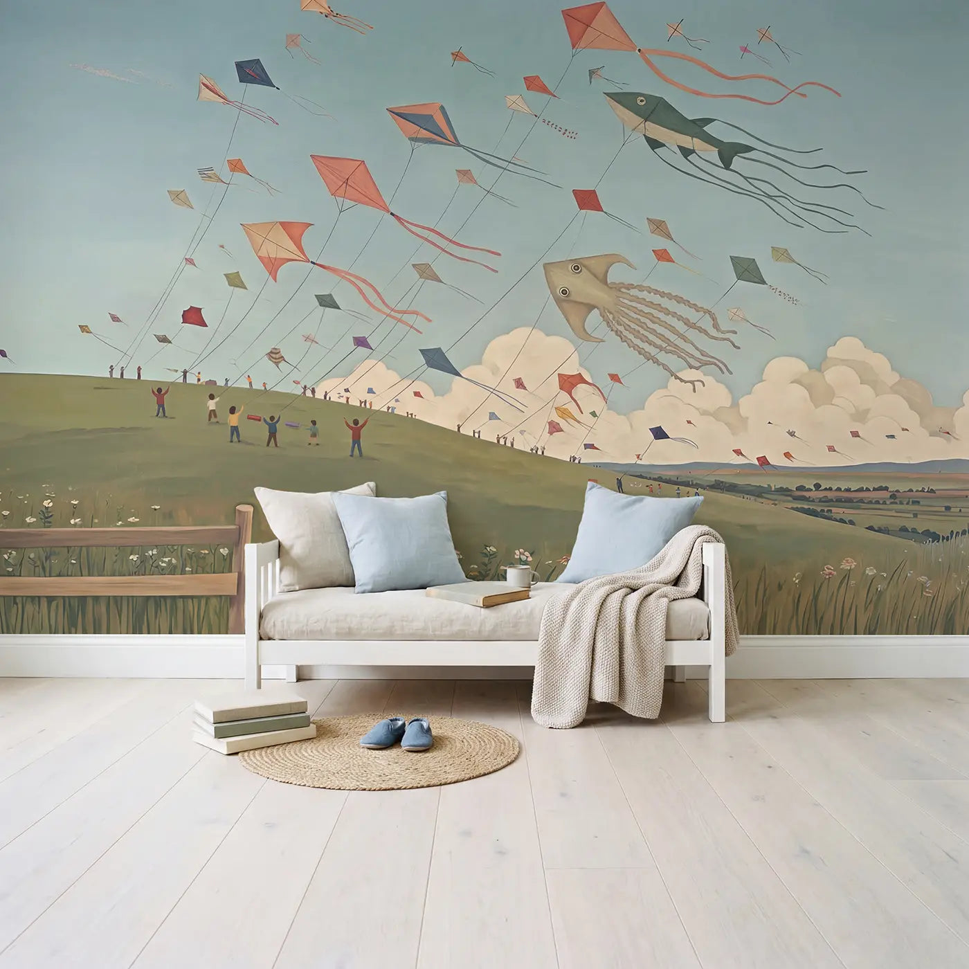 Breezy Kite Festival Sky Wallpaper Mural in playroom setting by Whimsy Tots