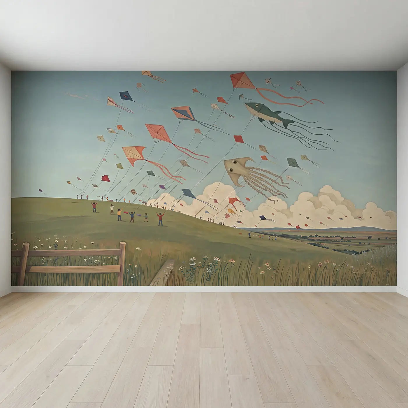 Full view of Breezy Kite Festival Sky Wallpaper Mural by Whimsy Tots