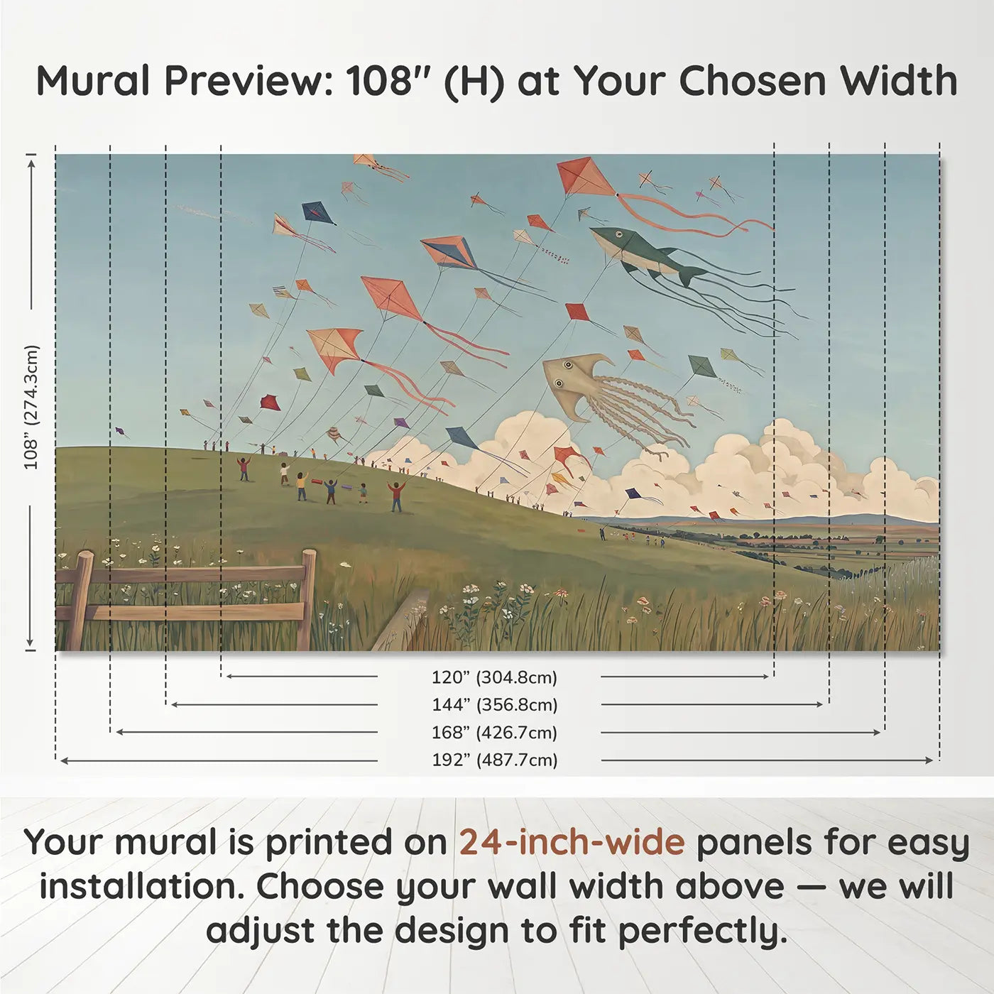 Panel layout and dimensions for Breezy Kite Festival Sky Wallpaper Mural by Whimsy Tots