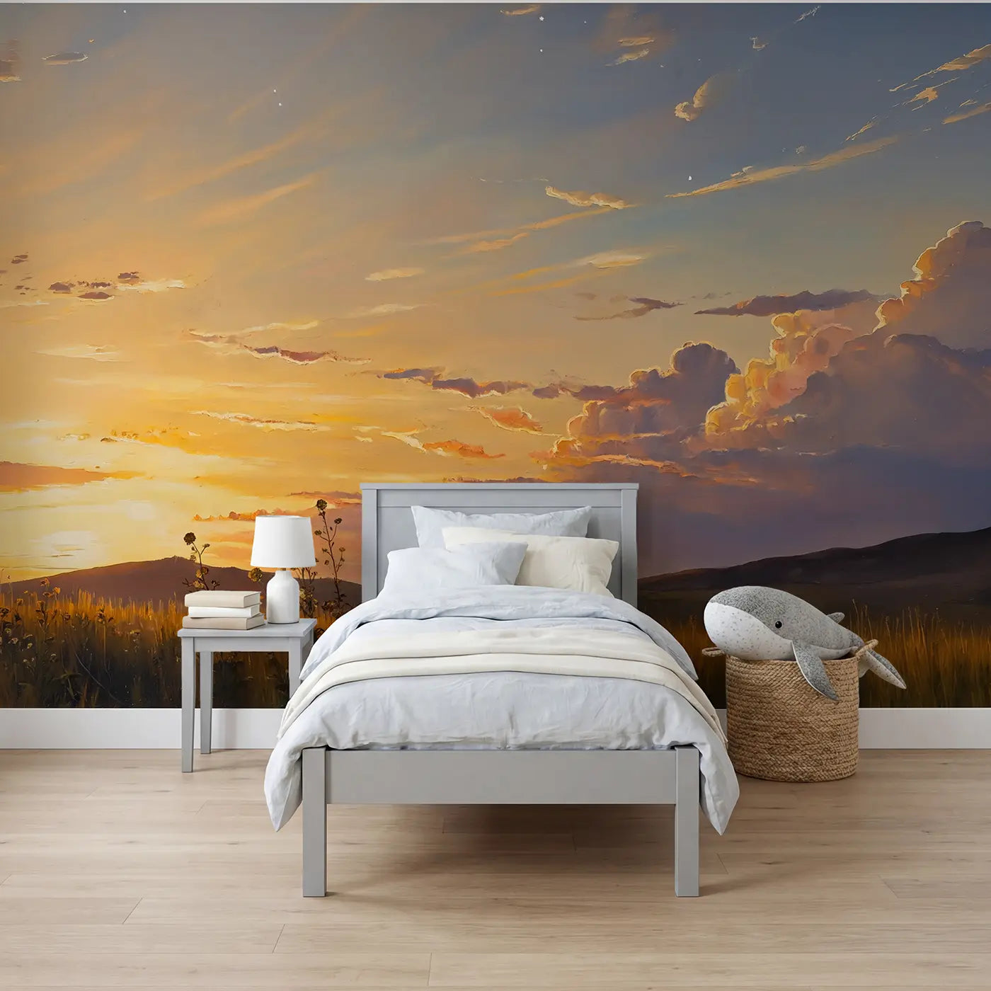 Painted landscape sunset gradient sky hills wallpaper mural for kids room by Whimsy Tots
