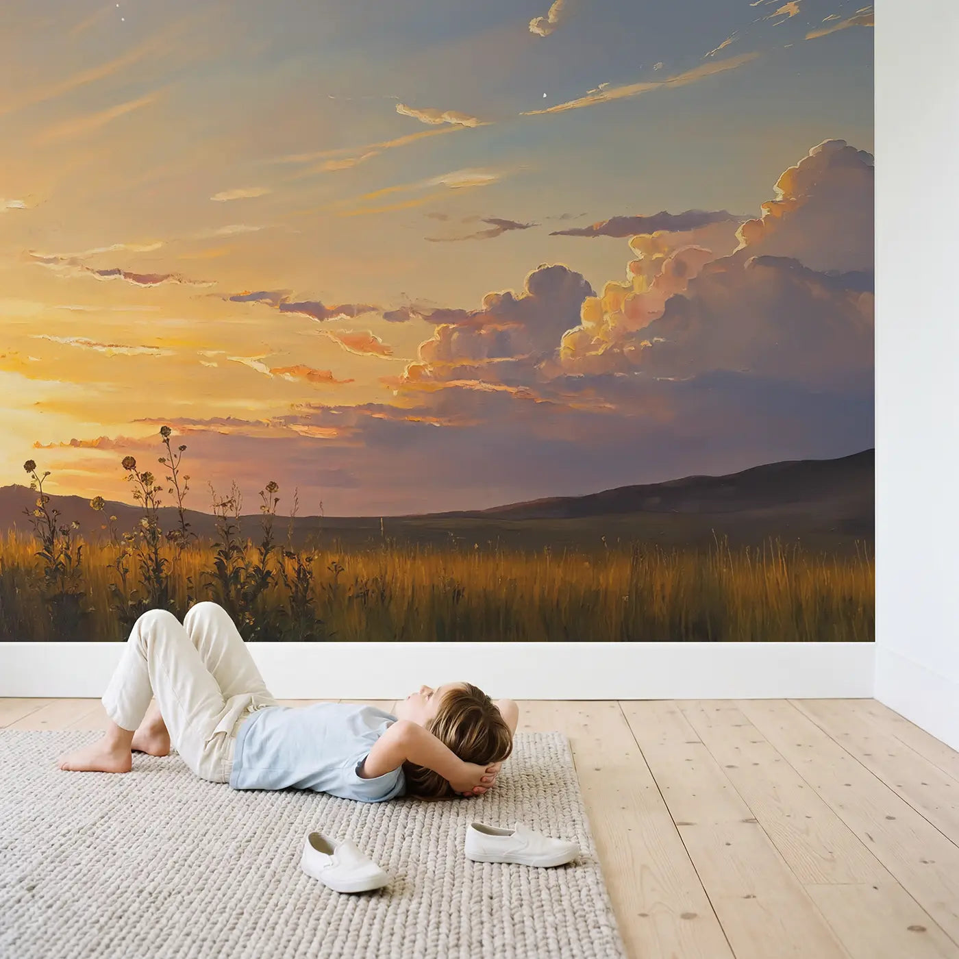 Child in nursery with Sunset Gradient Sky Wallpaper Mural by Whimsy Tots