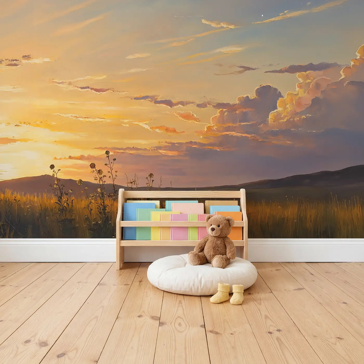 Sunset Gradient Sky Wallpaper Mural in playroom setting by Whimsy Tots