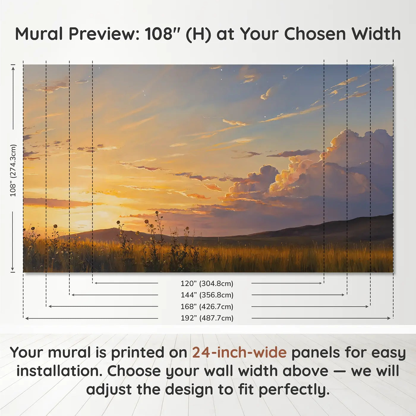 Panel layout and dimensions for Sunset Gradient Sky Wallpaper Mural by Whimsy Tots