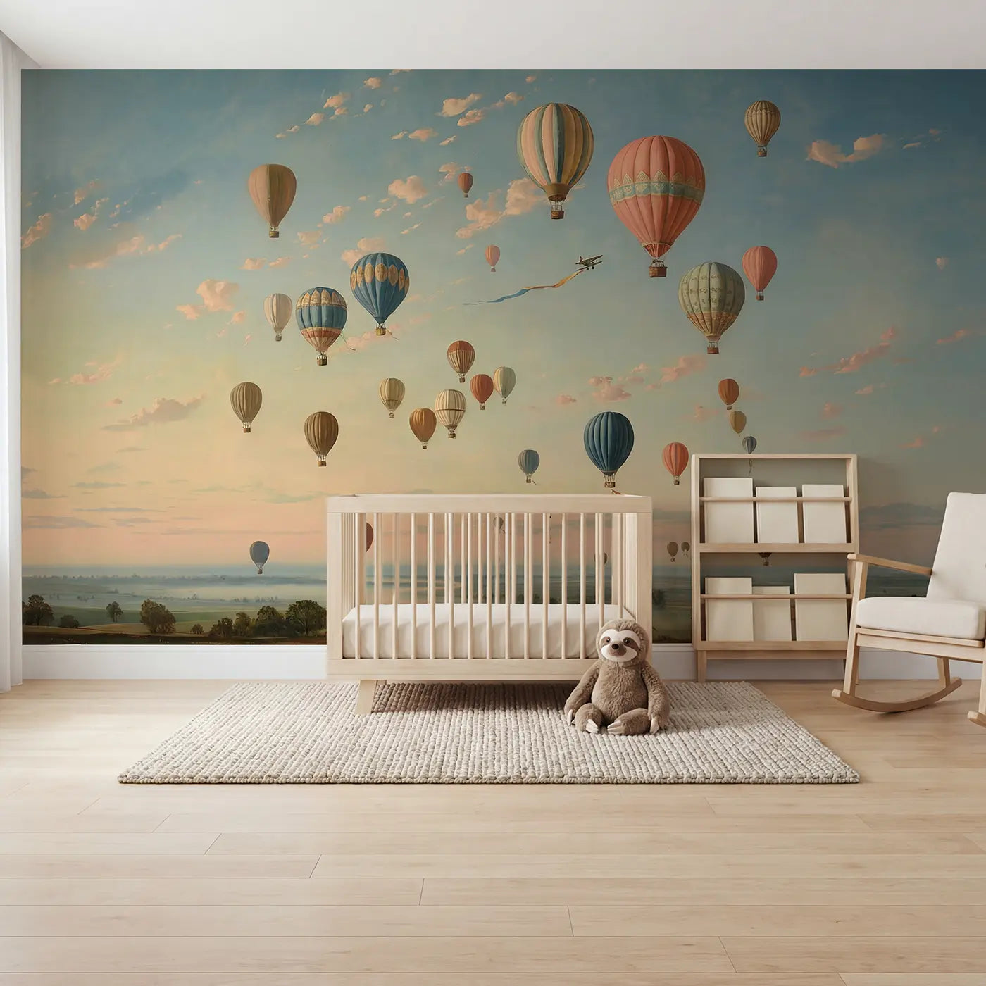 Painted hot air balloon and cloud sky wallpaper mural for kids room by Whimsy Tots