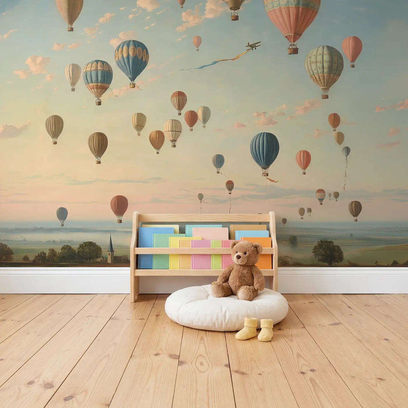 Sunrise Balloon Festival Wallpaper Mural in playroom setting by Whimsy Tots