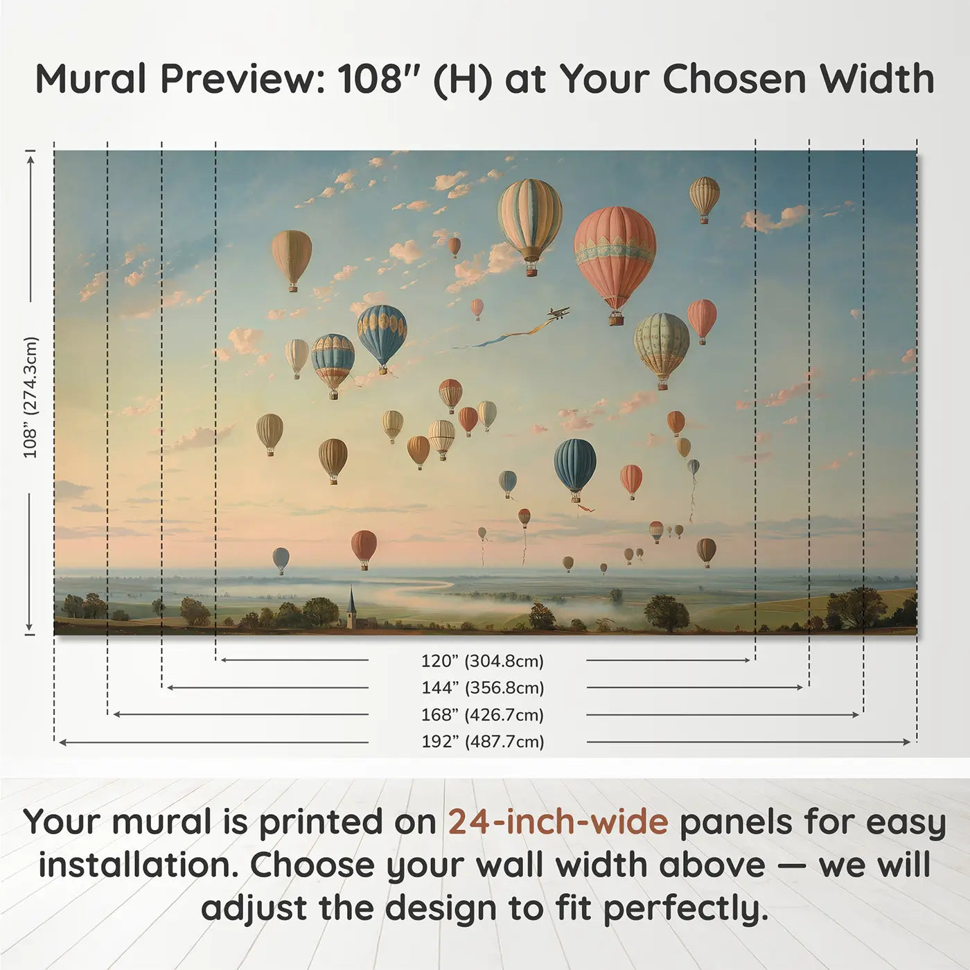 Panel layout and dimensions for Sunrise Balloon Festival Wallpaper Mural by Whimsy Tots