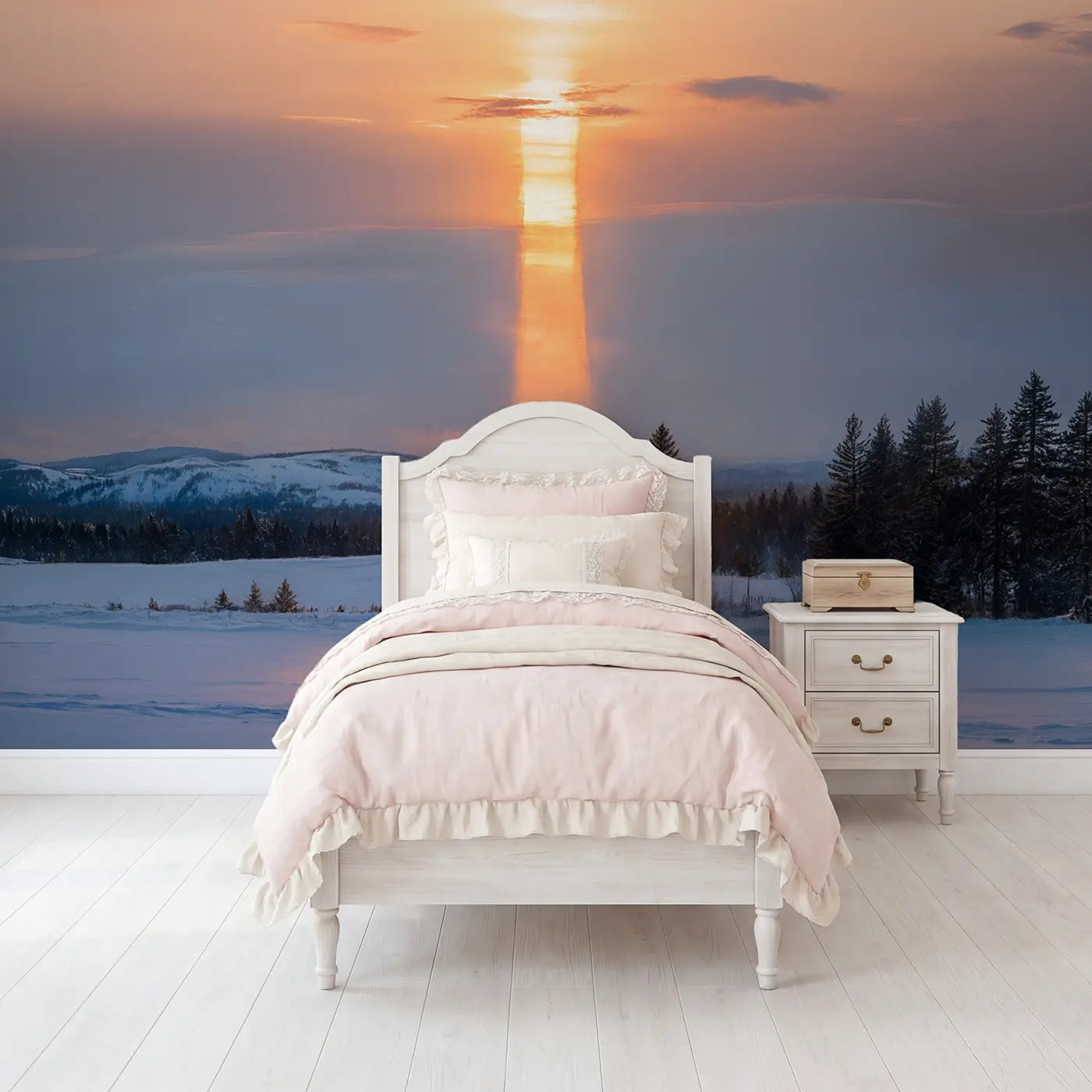 Soft pastel winter sunset snowy hills wallpaper mural for girls room by Whimsy Tots