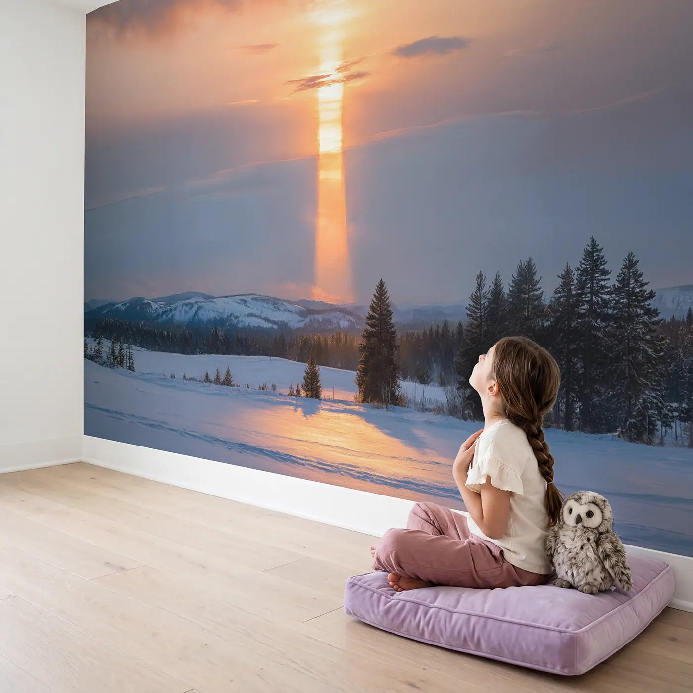 Child in nursery with Sun Pillar Winter Sunset Wallpaper Mural by Whimsy Tots