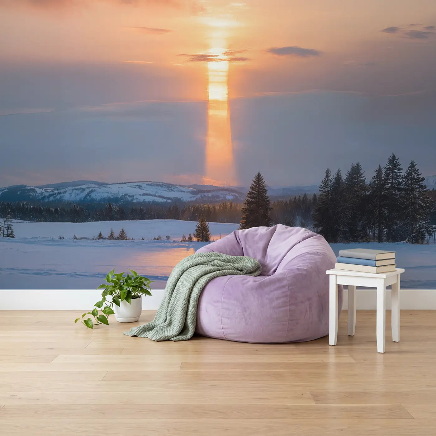 Sun Pillar Winter Sunset Wallpaper Mural in playroom setting by Whimsy Tots