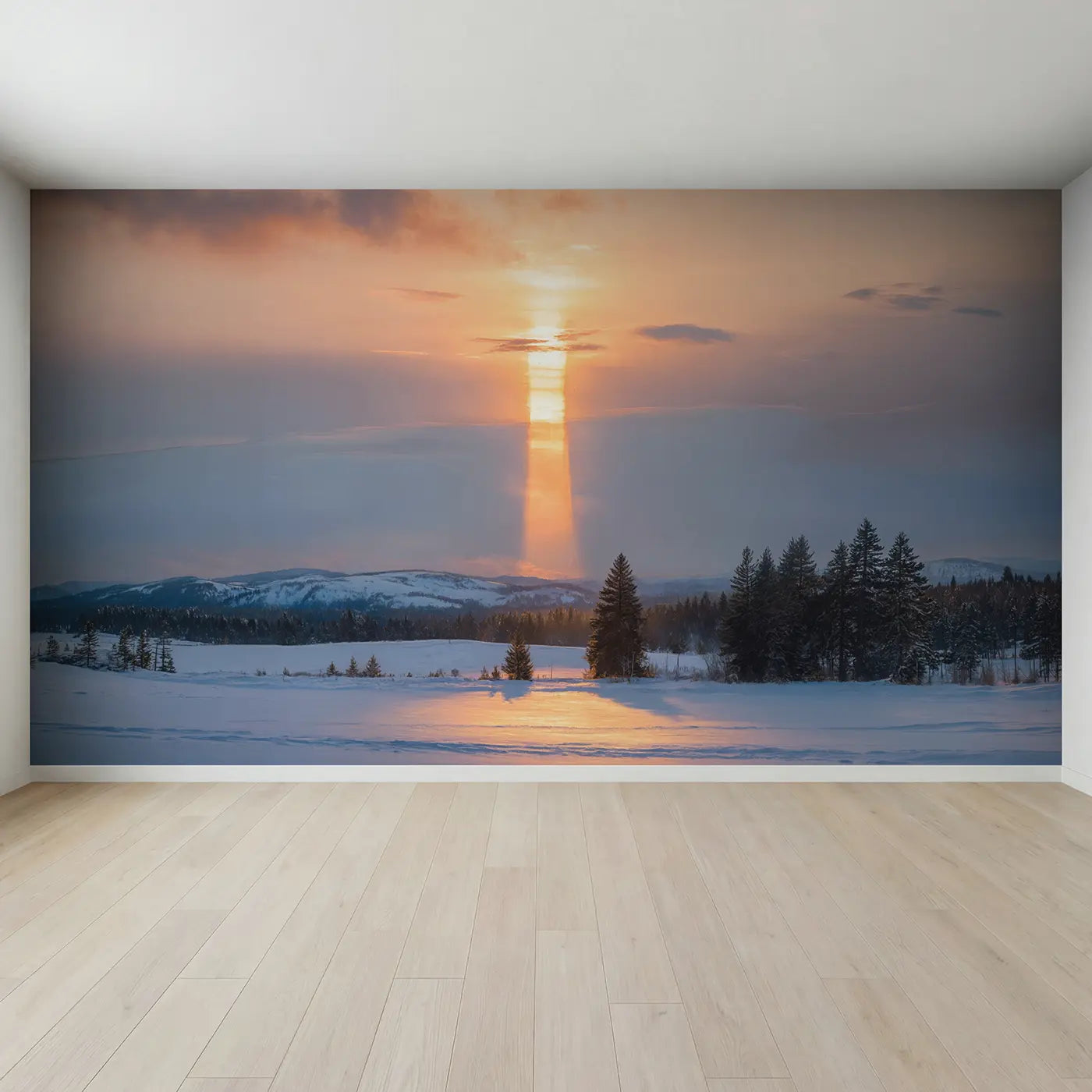Full view of Sun Pillar Winter Sunset Wallpaper Mural by Whimsy Tots