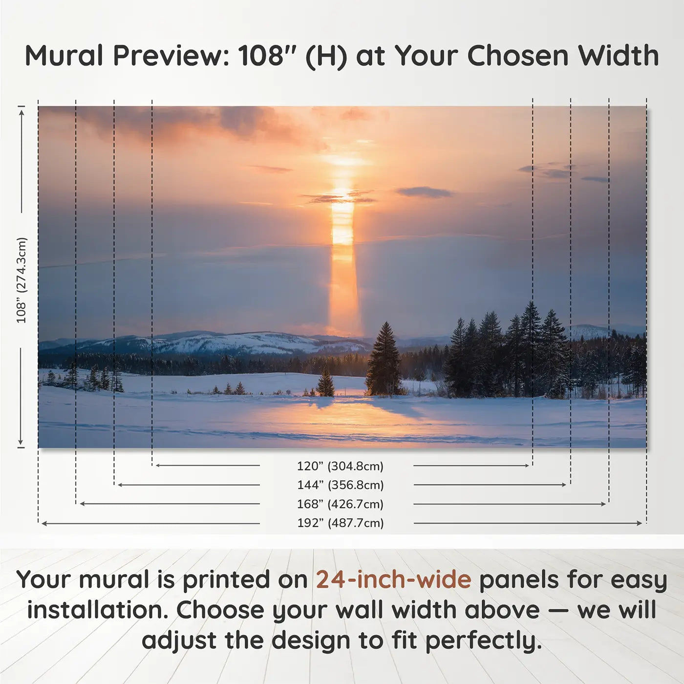 Panel layout and dimensions for Sun Pillar Winter Sunset Wallpaper Mural by Whimsy Tots