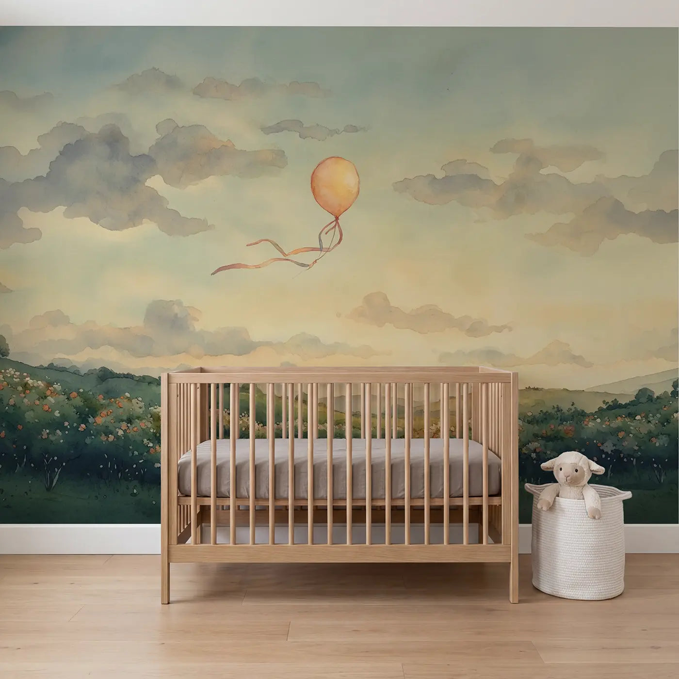 watercolor balloon trailing ribbon sky wallpaper mural for nursery by Whimsy Tots