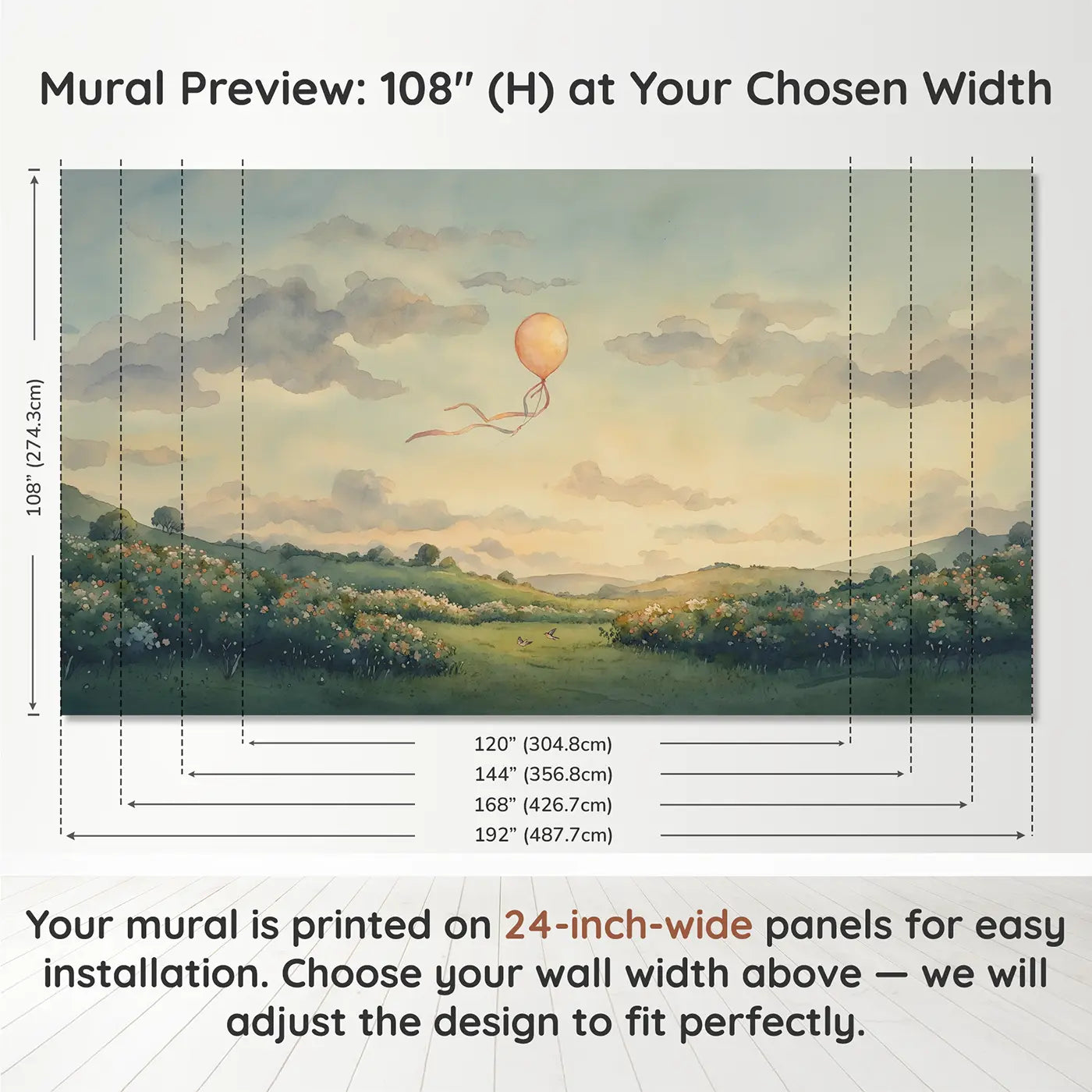 Panel layout and dimensions for Balloon Releasing Single Trailing Wallpaper Mural by Whimsy Tots