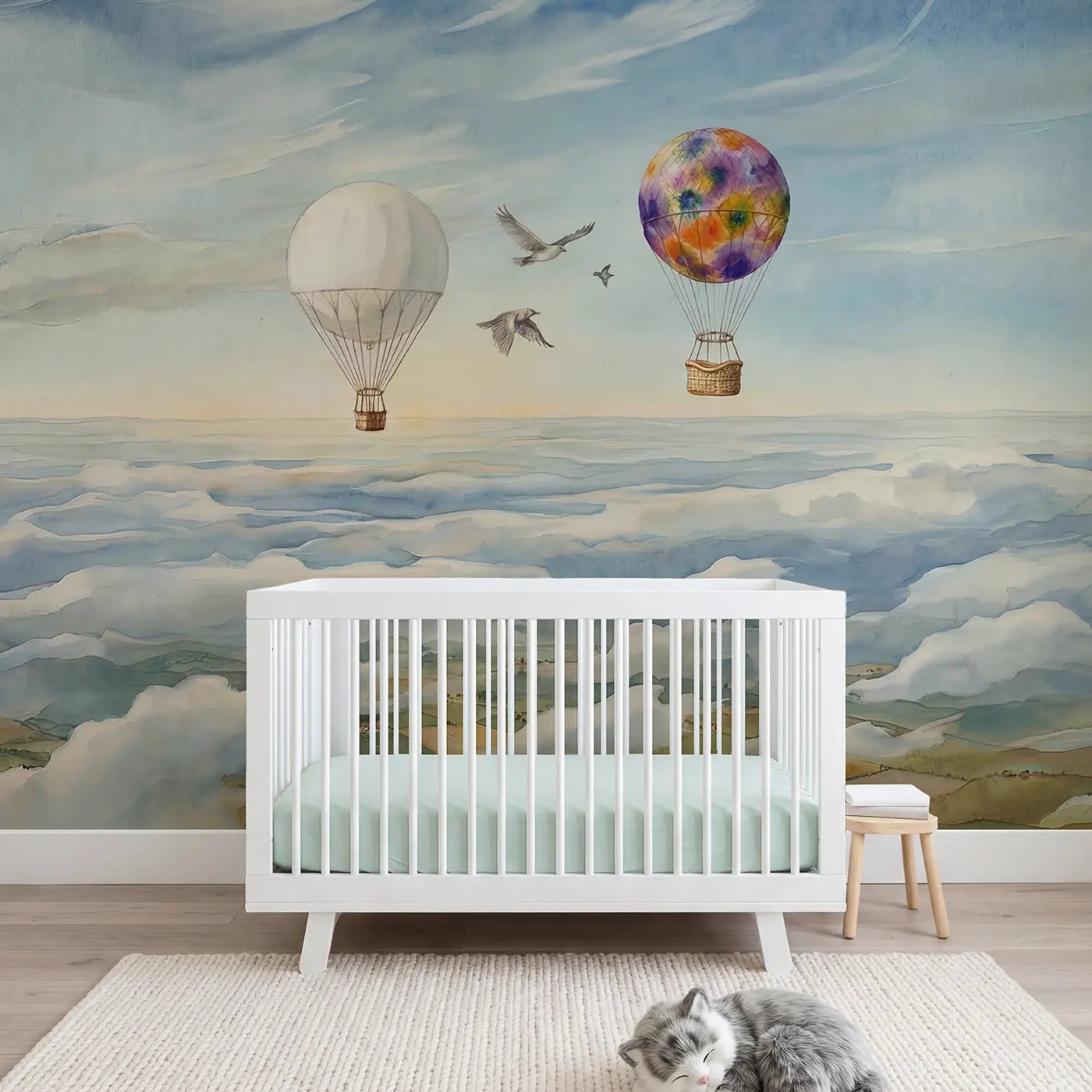 Watercolor hot air balloon and cloud wallpaper mural for nursery by Whimsy Tots