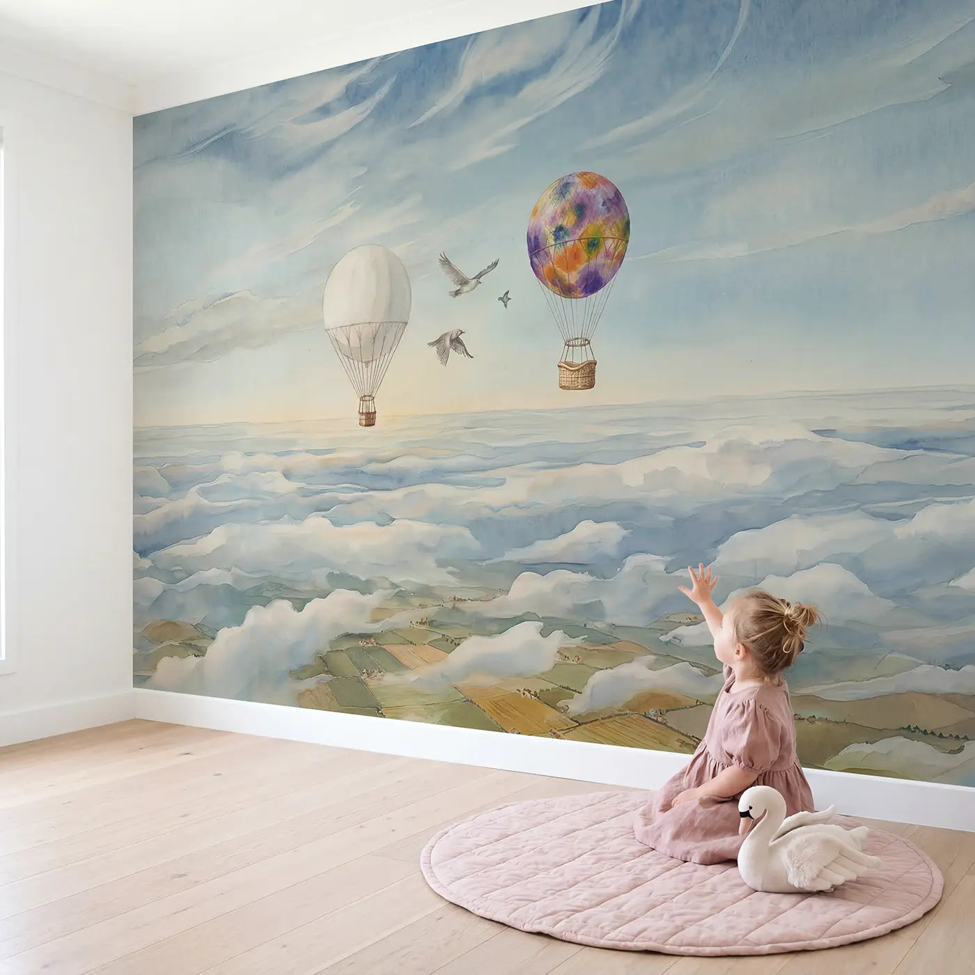 Child in nursery with Weather Balloon Sky Comparison Wallpaper Mural by Whimsy Tots