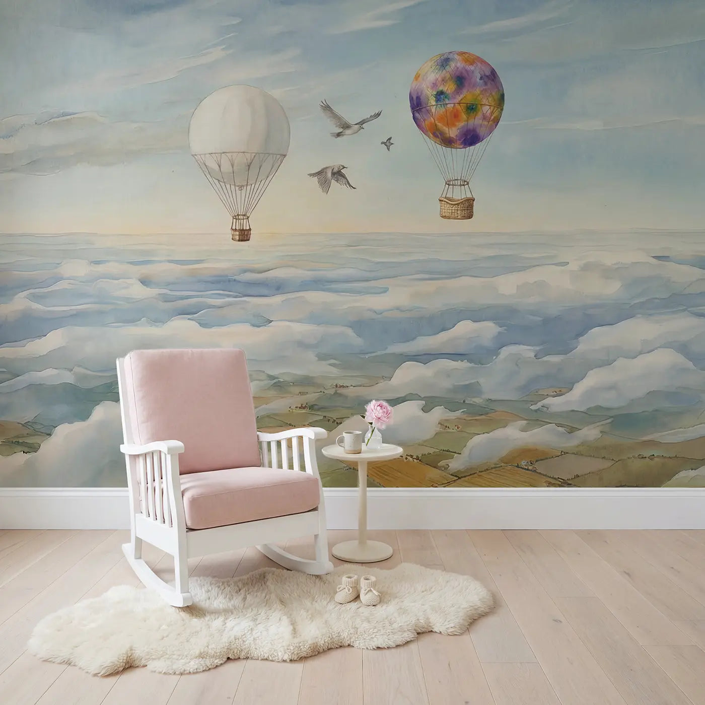Weather Balloon Sky Comparison Wallpaper Mural in playroom setting by Whimsy Tots