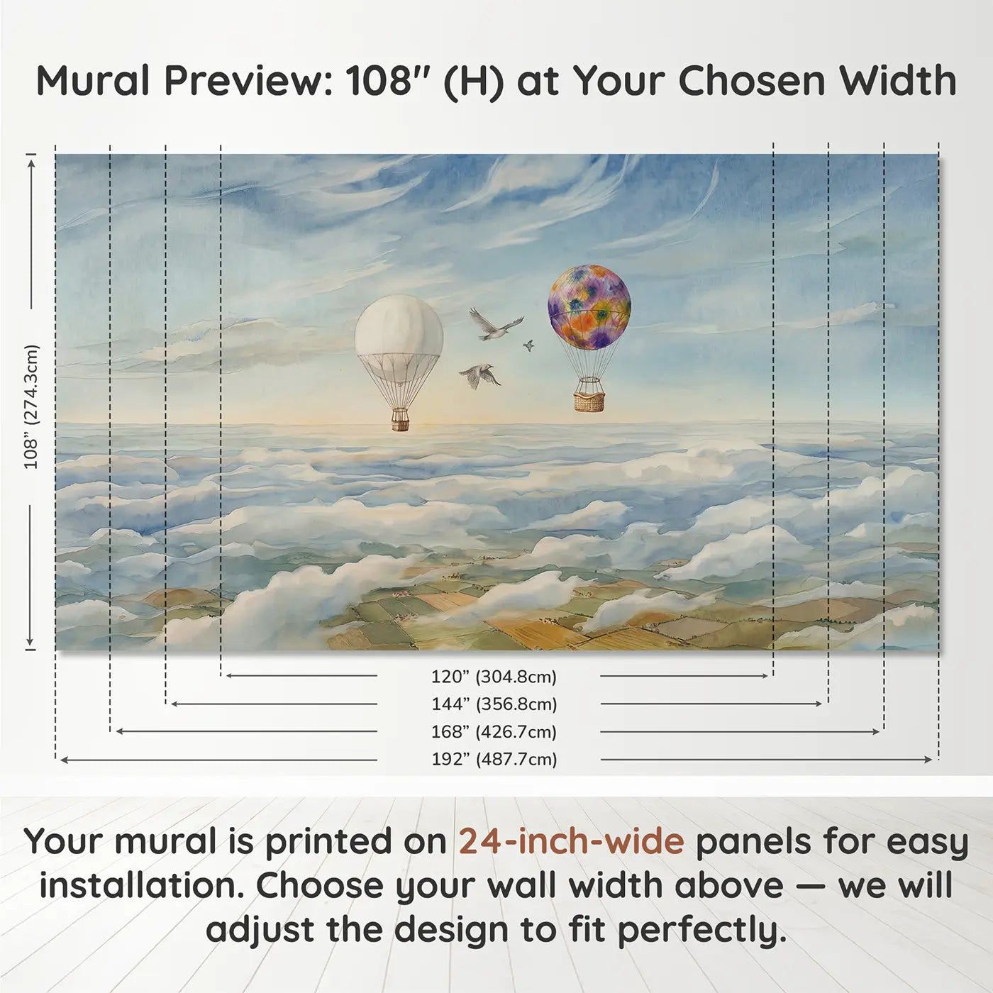 Panel layout and dimensions for Weather Balloon Sky Comparison Wallpaper Mural by Whimsy Tots