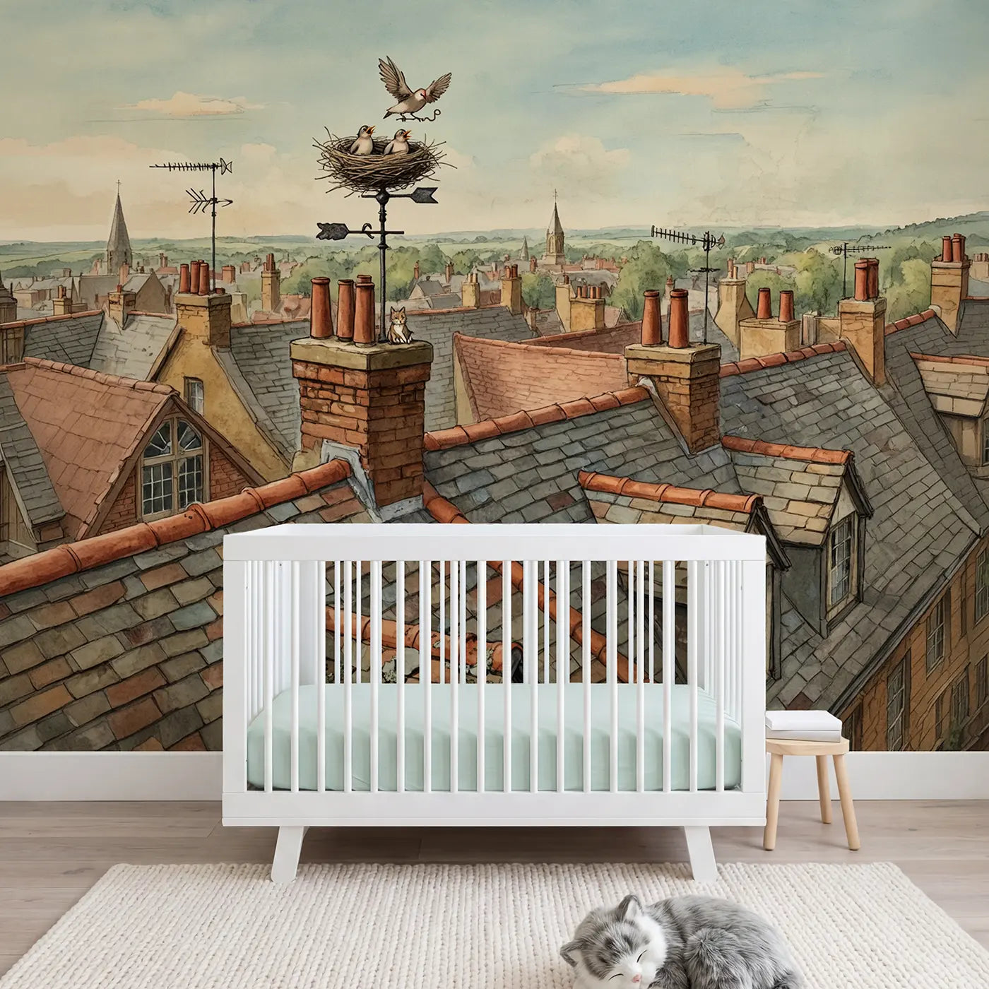 Storybook bird nest rooftop town wallpaper mural for girls room by Whimsy Tots