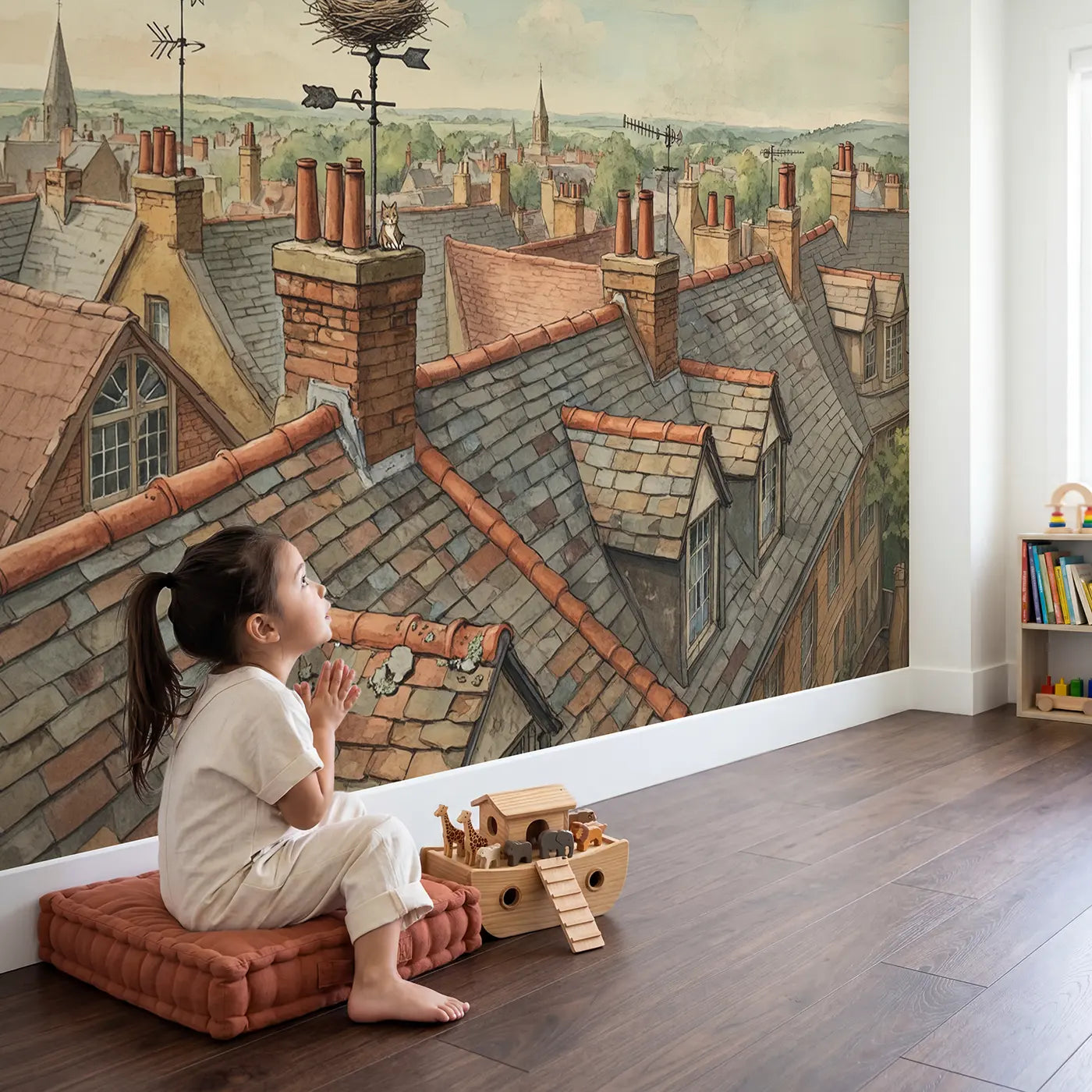 Child in nursery with Rooftop Bird Nest Wallpaper Mural by Whimsy Tots