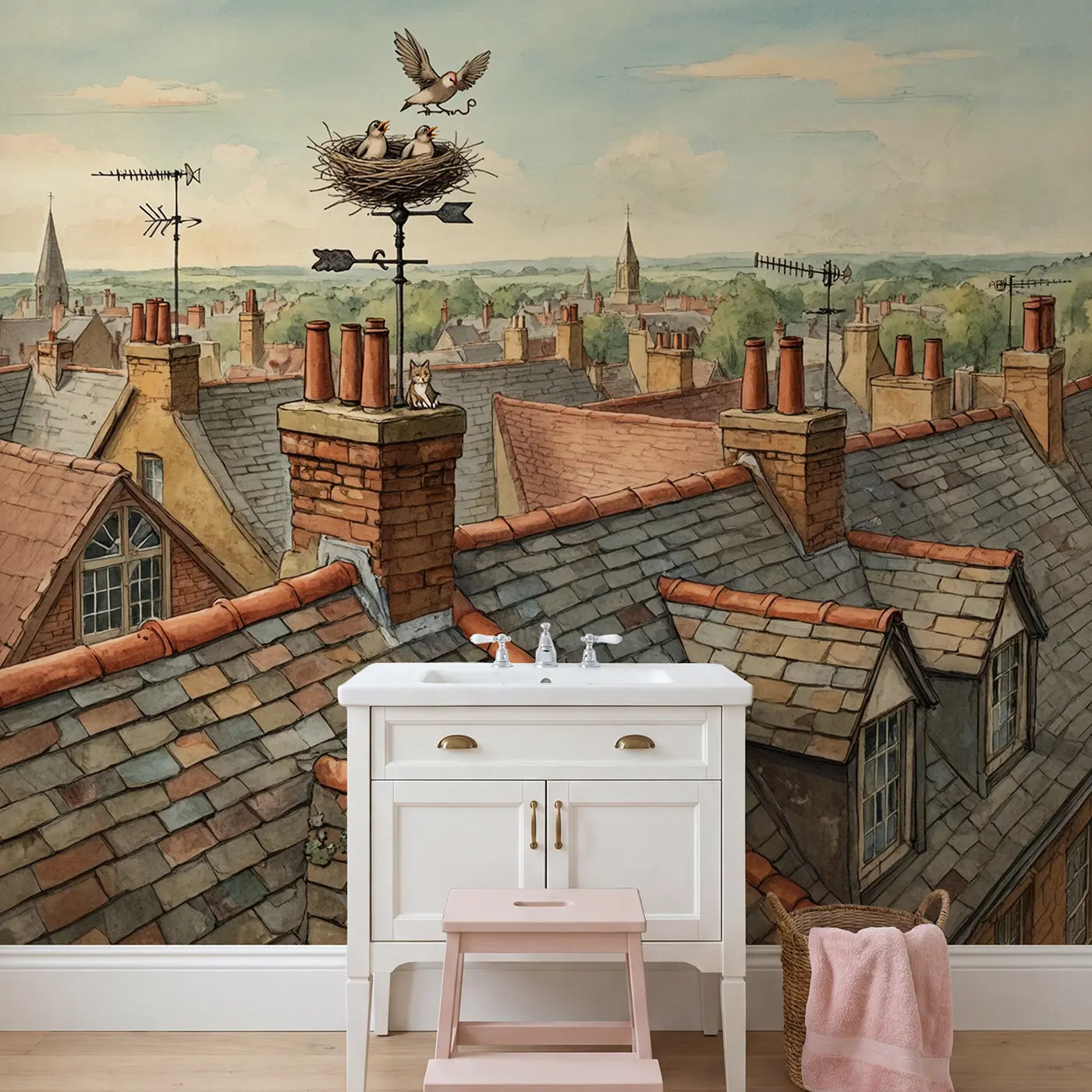 Rooftop Bird Nest Wallpaper Mural in playroom setting by Whimsy Tots