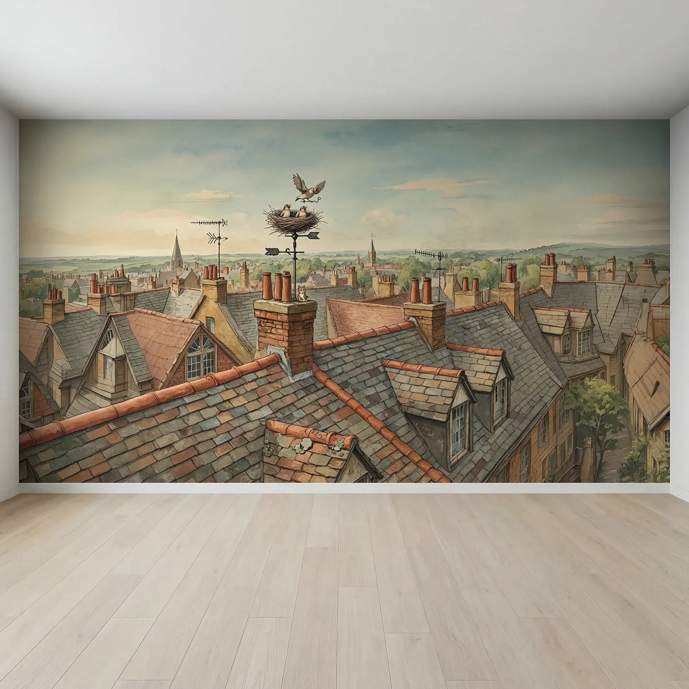 Full view of Rooftop Bird Nest Wallpaper Mural by Whimsy Tots
