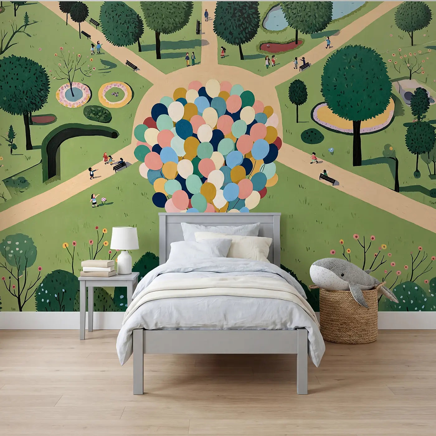 Modern illustration balloon cart above countryside wallpaper mural for boys room by Whimsy Tots