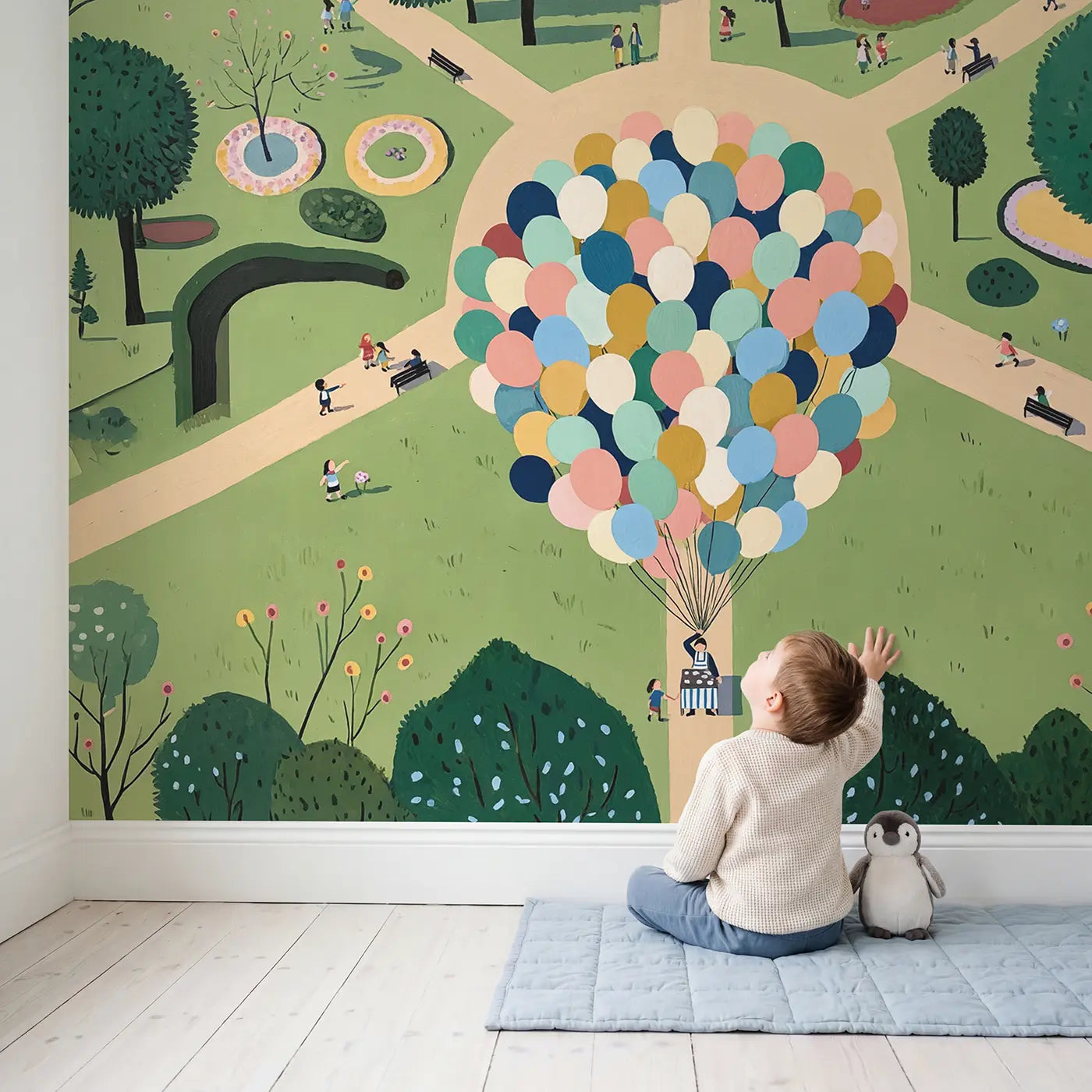 Child in nursery with Balloon Cart From Above Wallpaper Mural by Whimsy Tots
