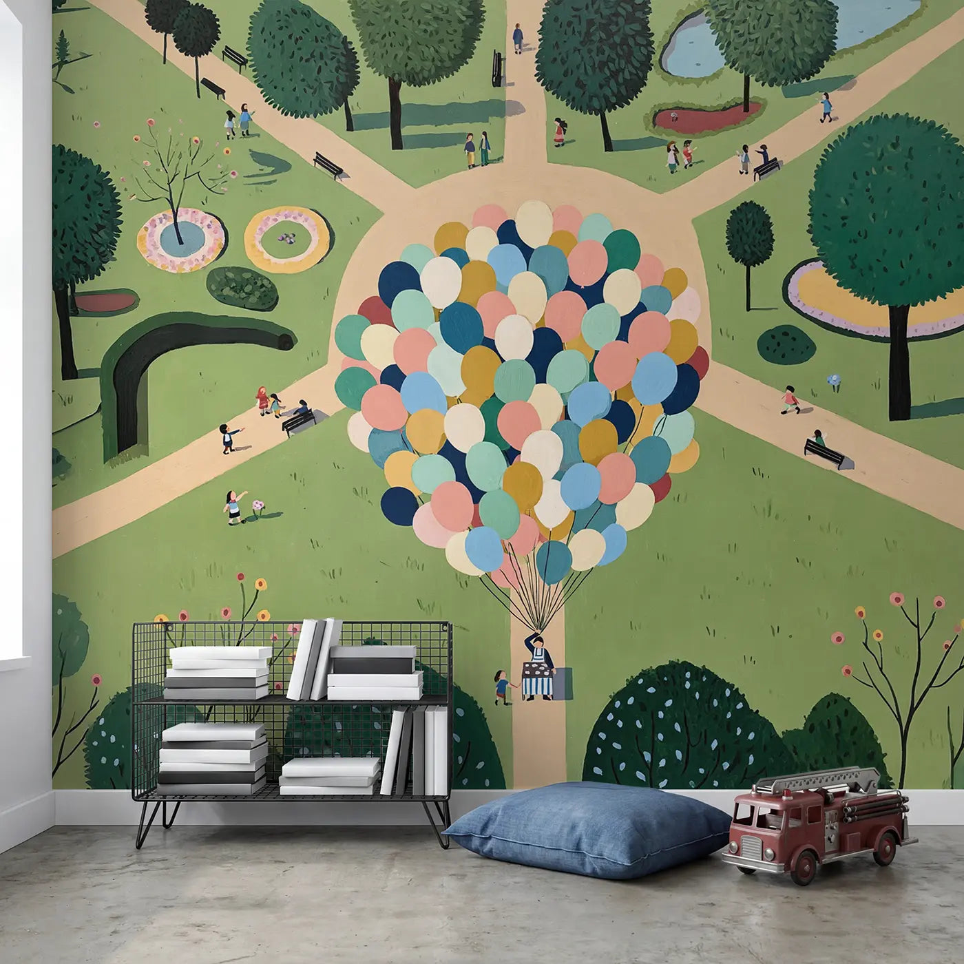 Balloon Cart From Above Wallpaper Mural in playroom setting by Whimsy Tots