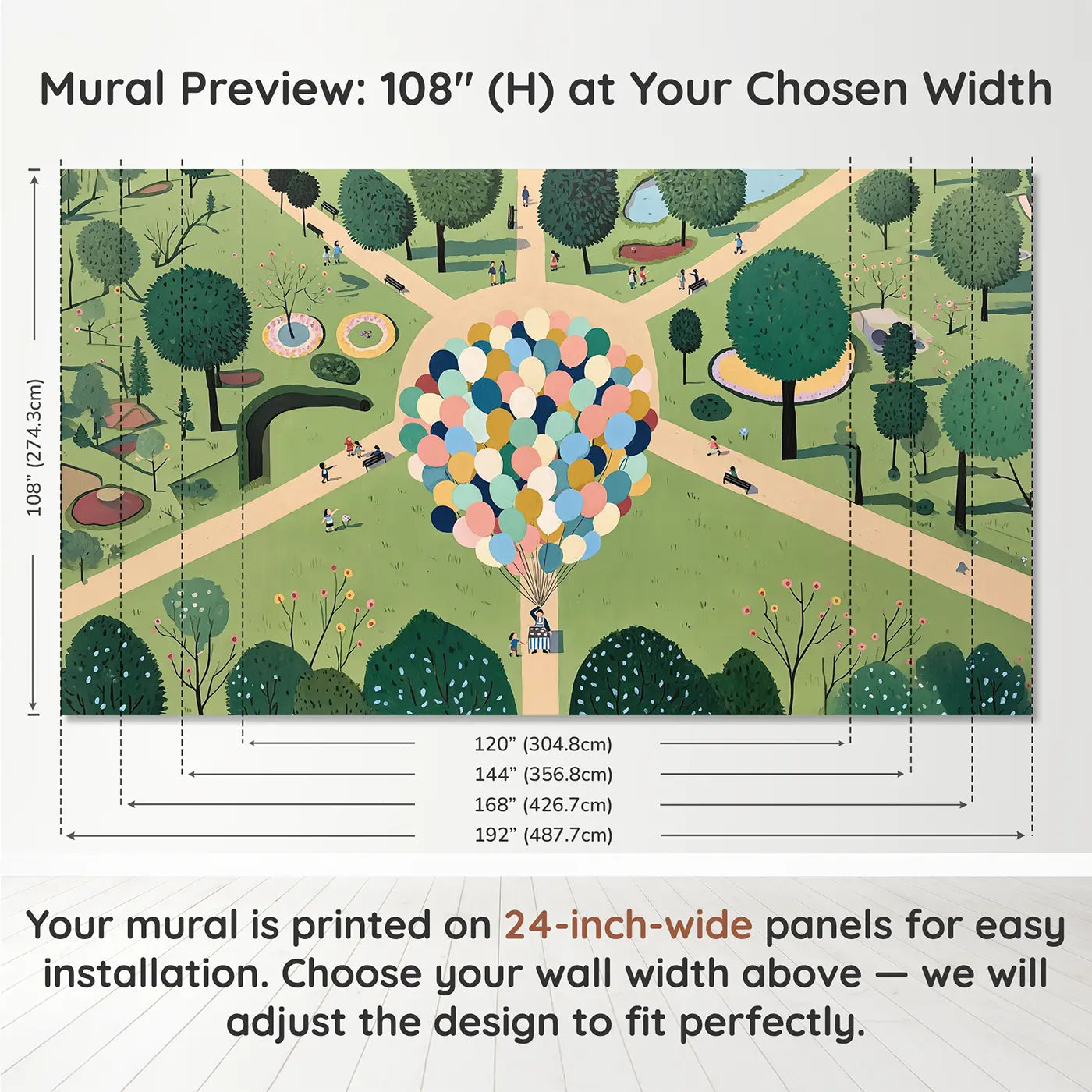 Panel layout and dimensions for Balloon Cart From Above Wallpaper Mural by Whimsy Tots