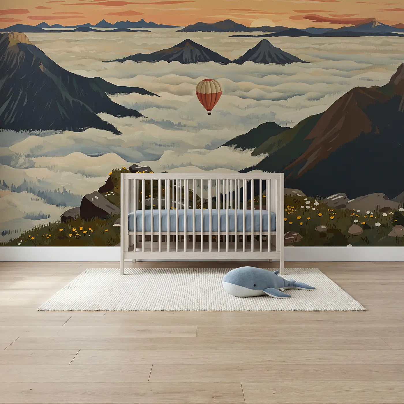 Modern Illustration mountain cloud valley sunrise wallpaper mural for boys room by Whimsy Tots