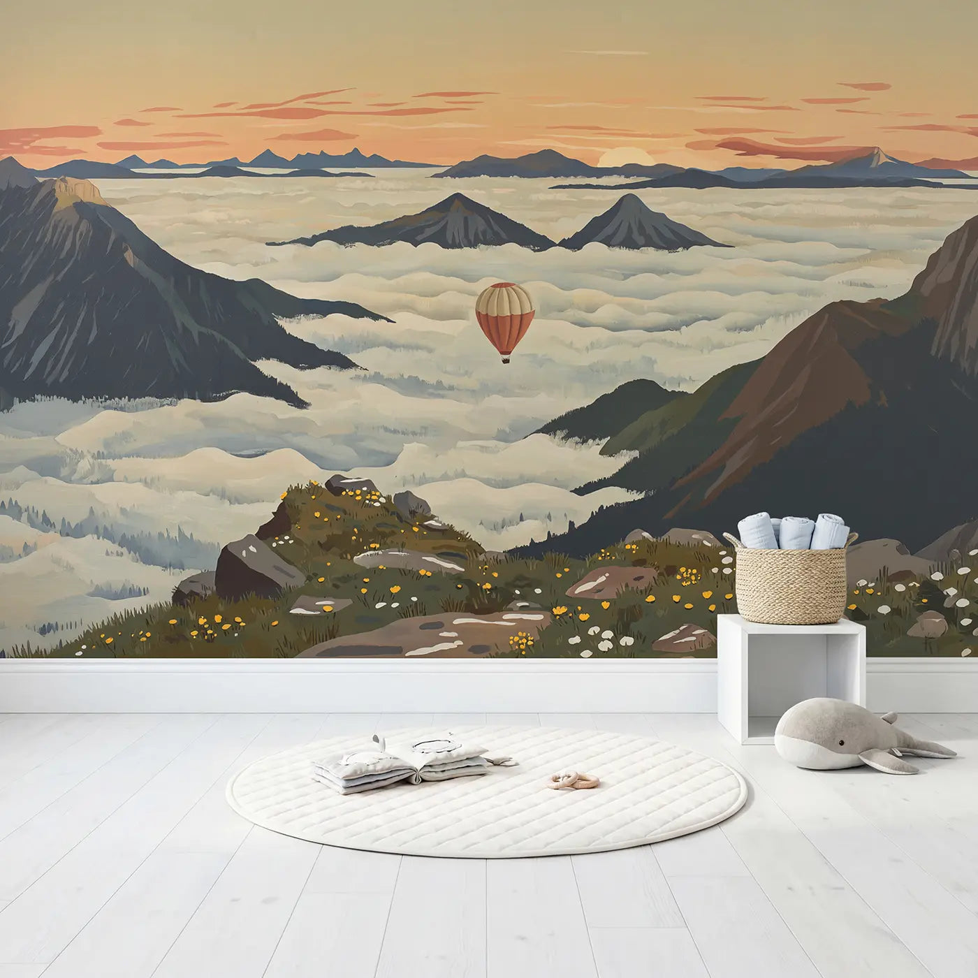 Mountain Cloud Valley Sunrise Wallpaper Mural in playroom setting by Whimsy Tots