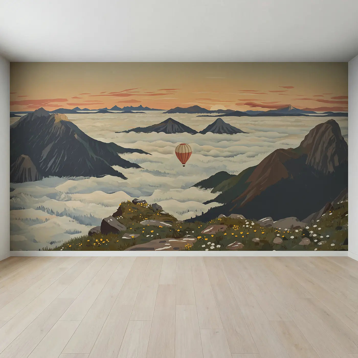 Full view of Mountain Cloud Valley Sunrise Wallpaper Mural by Whimsy Tots