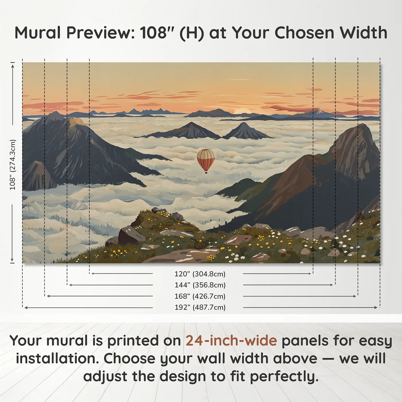 Panel layout and dimensions for Mountain Cloud Valley Sunrise Wallpaper Mural by Whimsy Tots