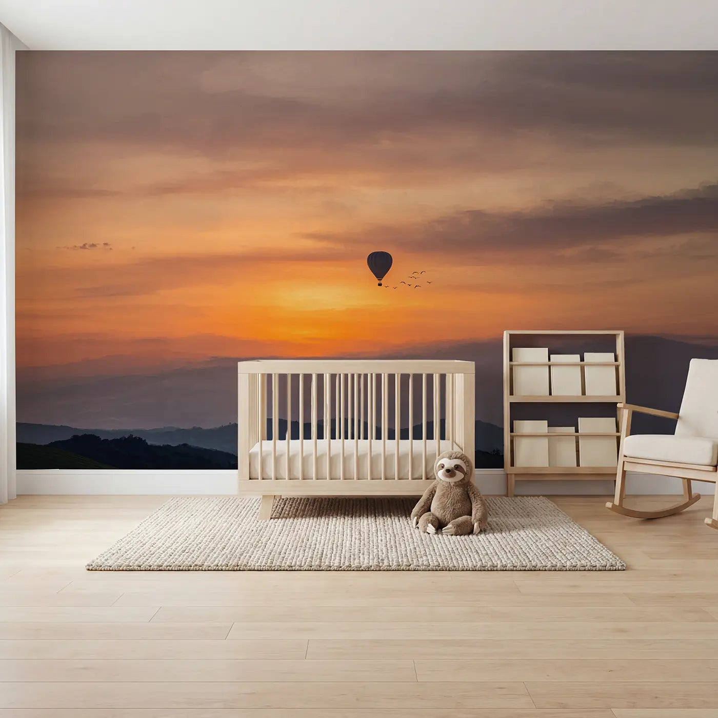 Soft pastel hot air balloon sunset sky wallpaper mural for nursery by Whimsy Tots